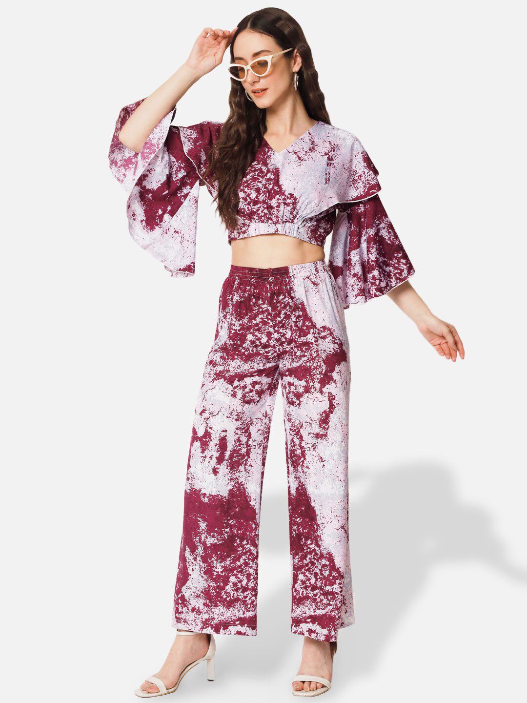 Maroon & White Tie and Dye Crepe Palazzos – Elastic Waistband – Printed