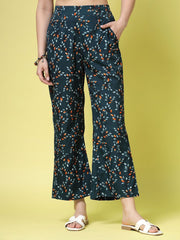 Green & Orange Floral Printed Polyester Palazzos – Wide Leg – Woven