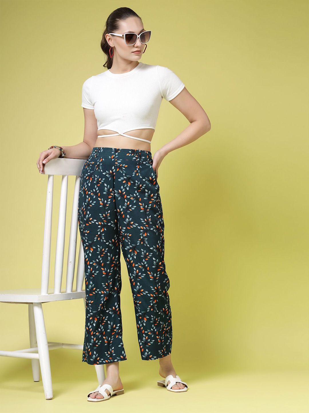 Green & Orange Floral Printed Polyester Palazzos – Wide Leg – Woven
