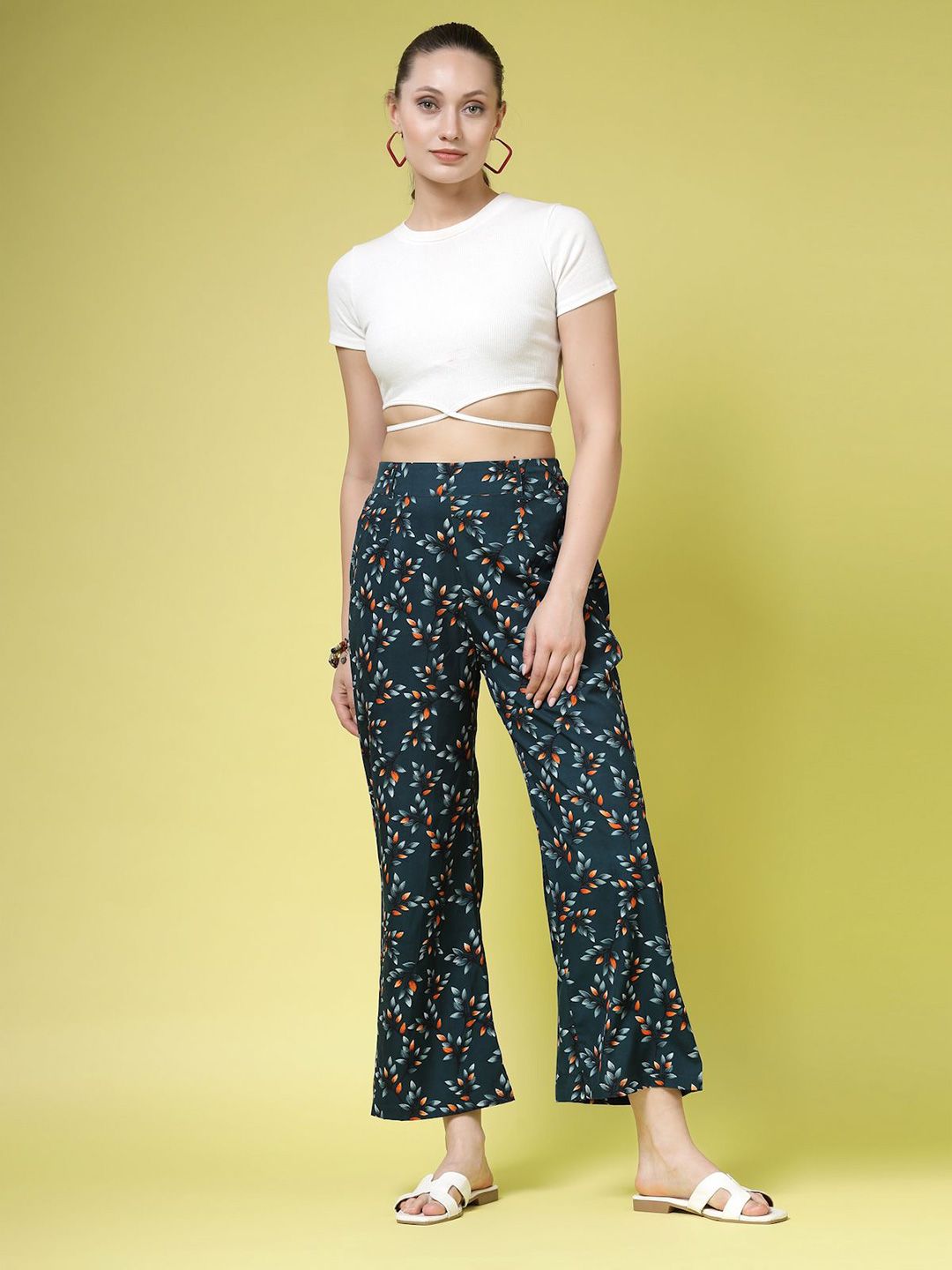 Green & Orange Floral Printed Polyester Palazzos – Wide Leg – Woven