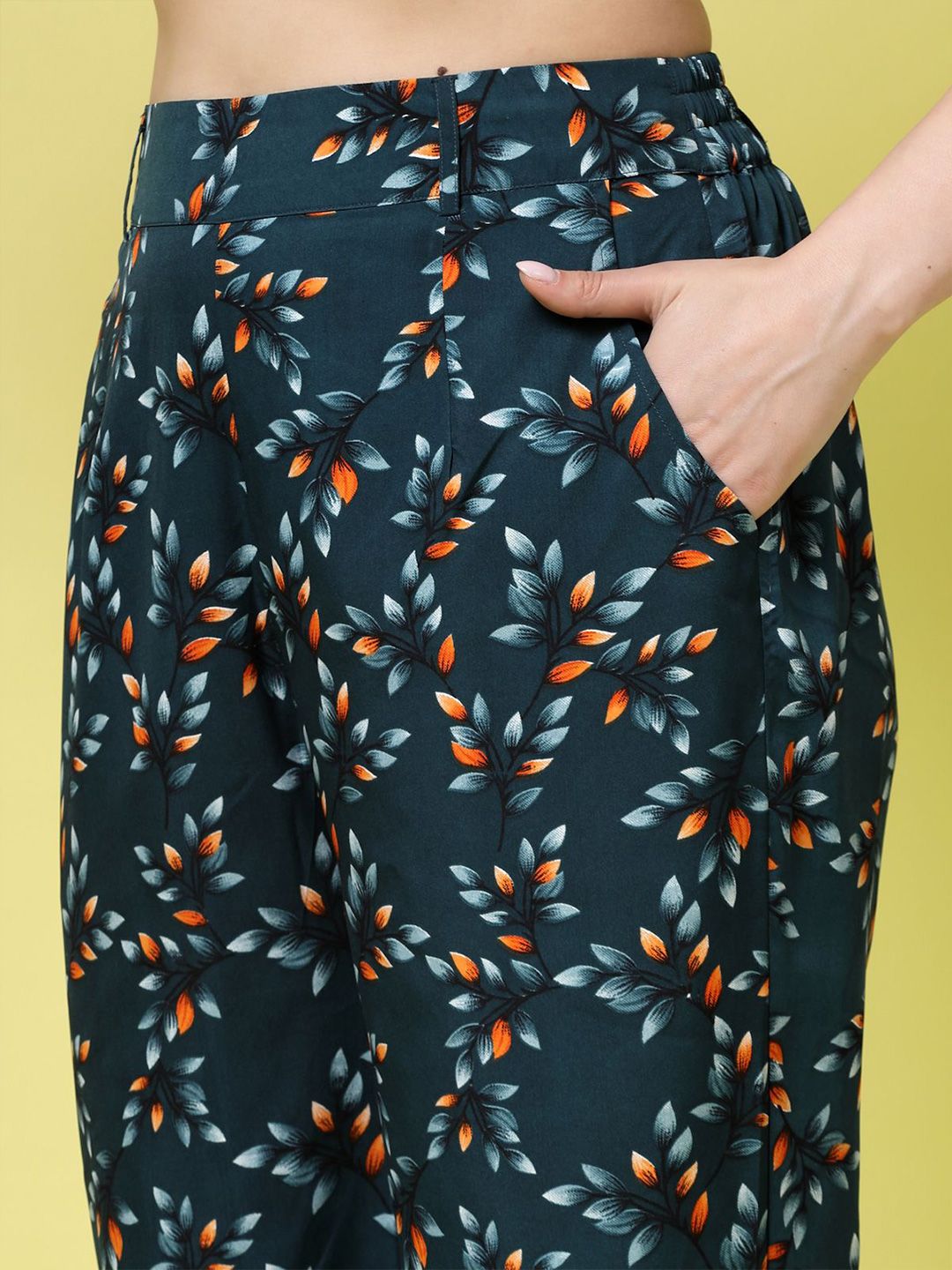 Green & Orange Floral Printed Polyester Palazzos – Wide Leg – Woven