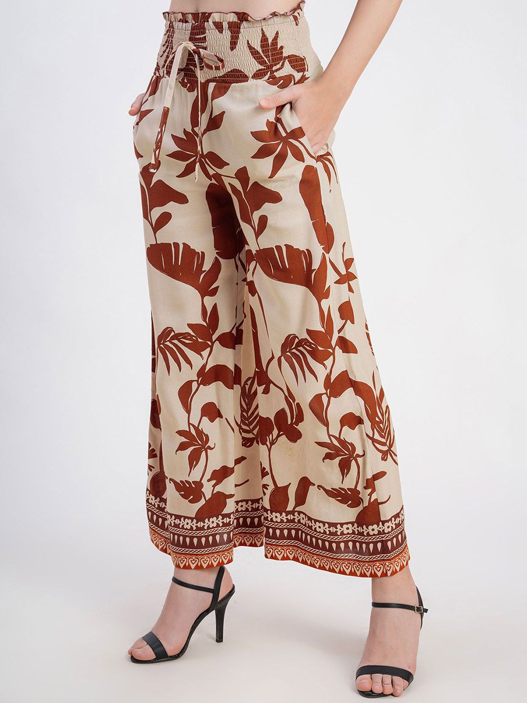 Rust Floral Printed Viscose Rayon Palazzos – High-Rise – Woven