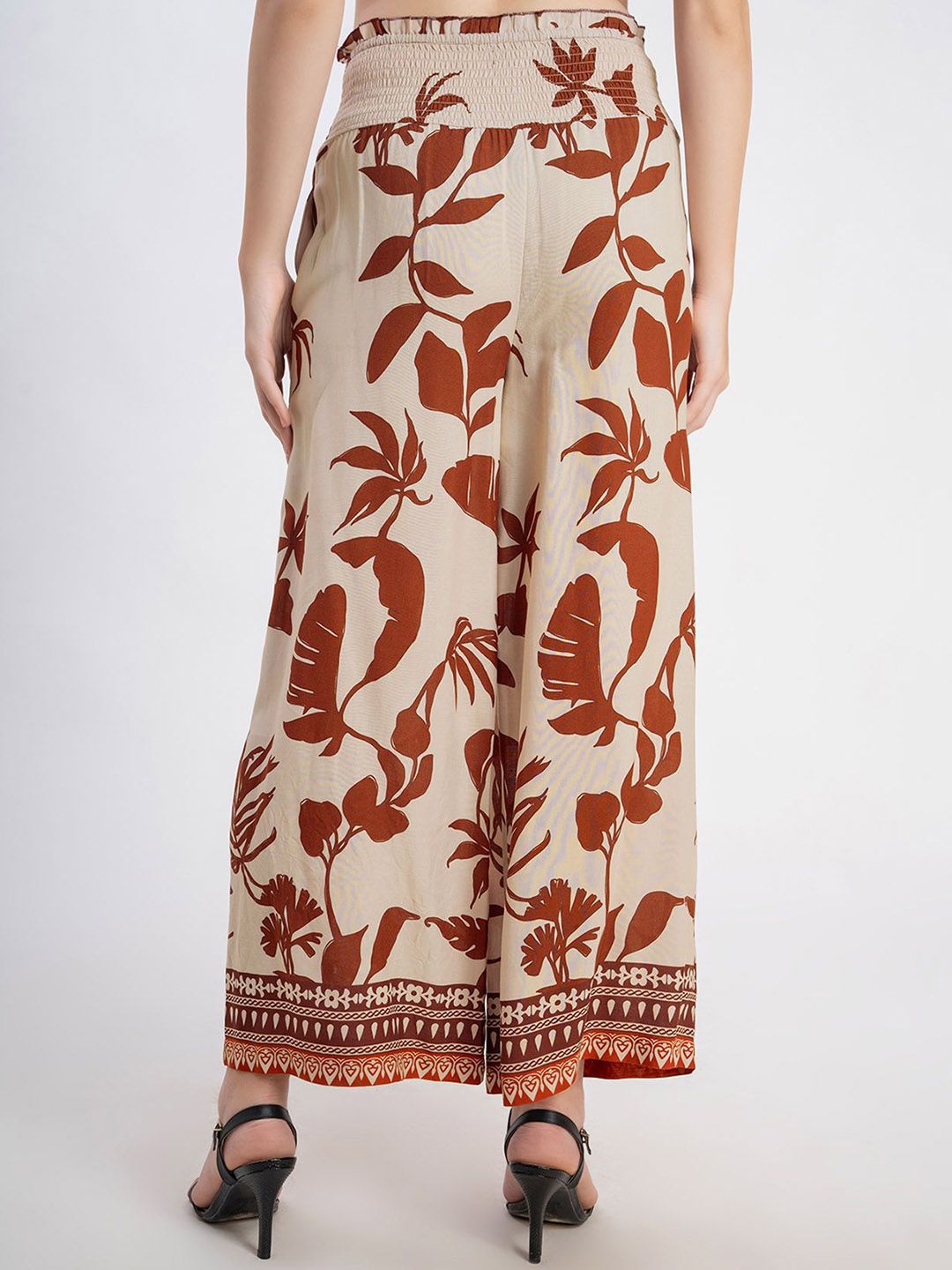Rust Floral Printed Viscose Rayon Palazzos – High-Rise – Woven