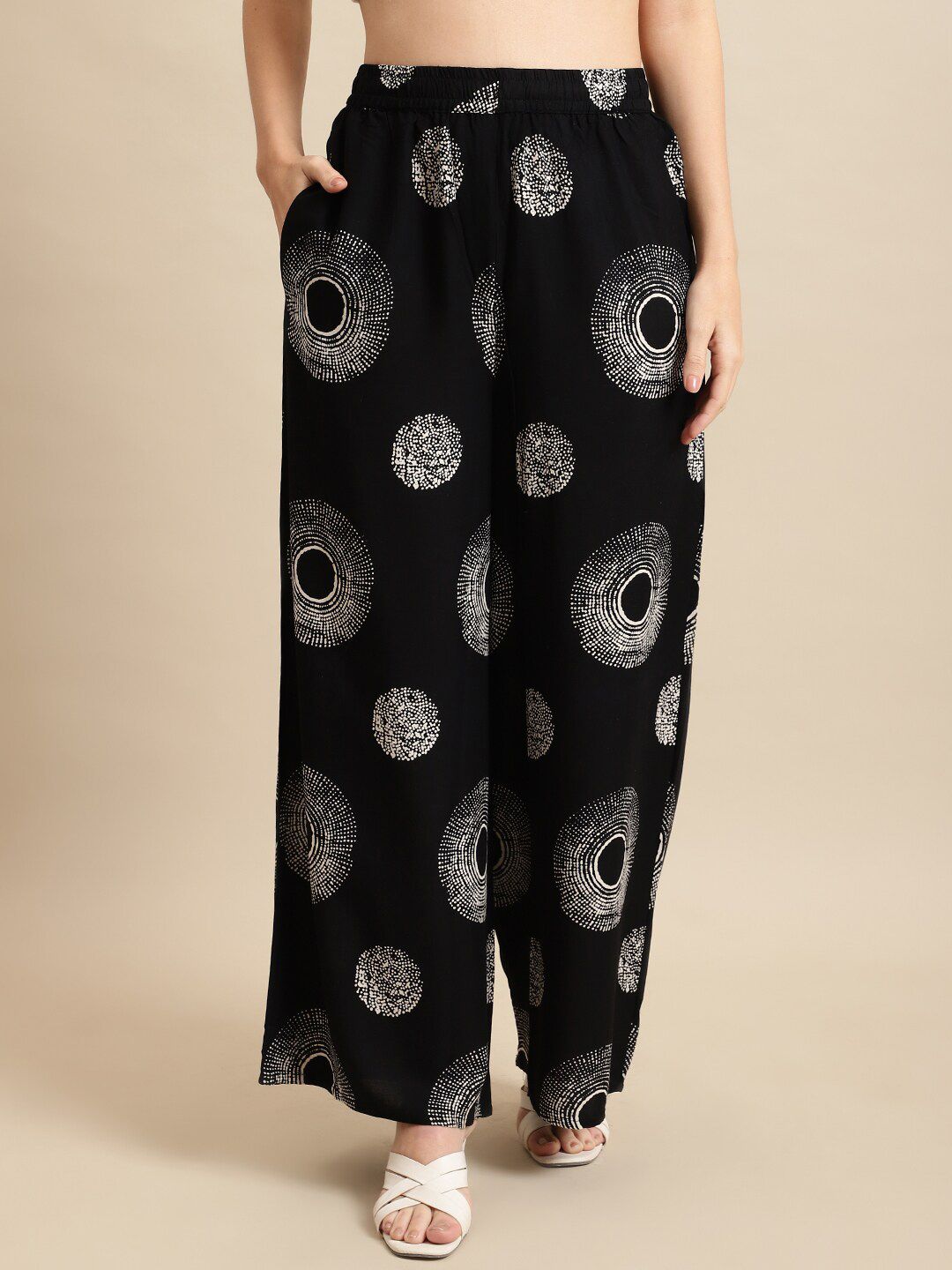 Printed Flared Viscose Rayon Palazzos – Elasticated Waistband – Geometric Print
