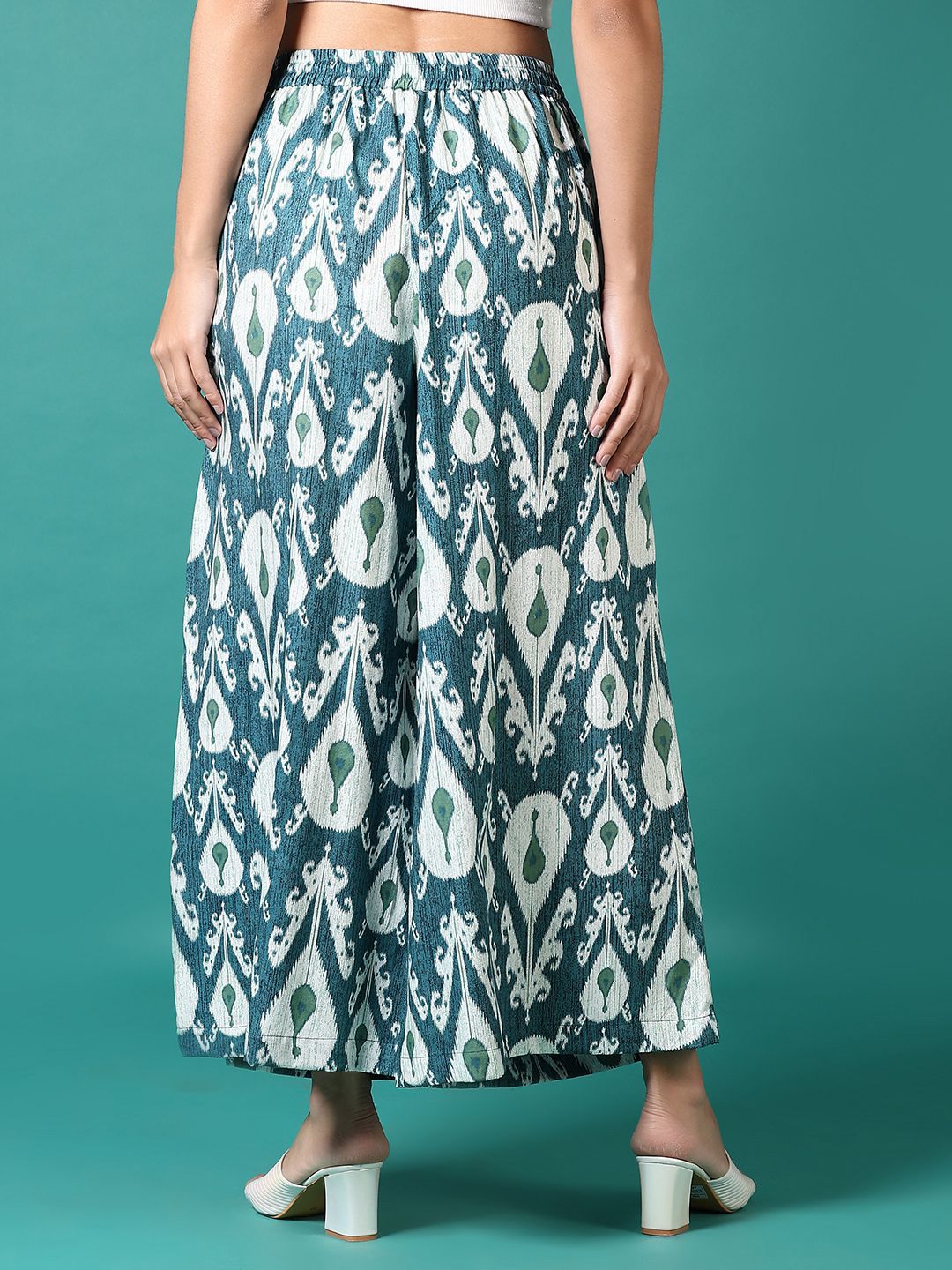 Green Printed Viscose Rayon Palazzo Pants – Mid-Rise – Elasticated Waistband
