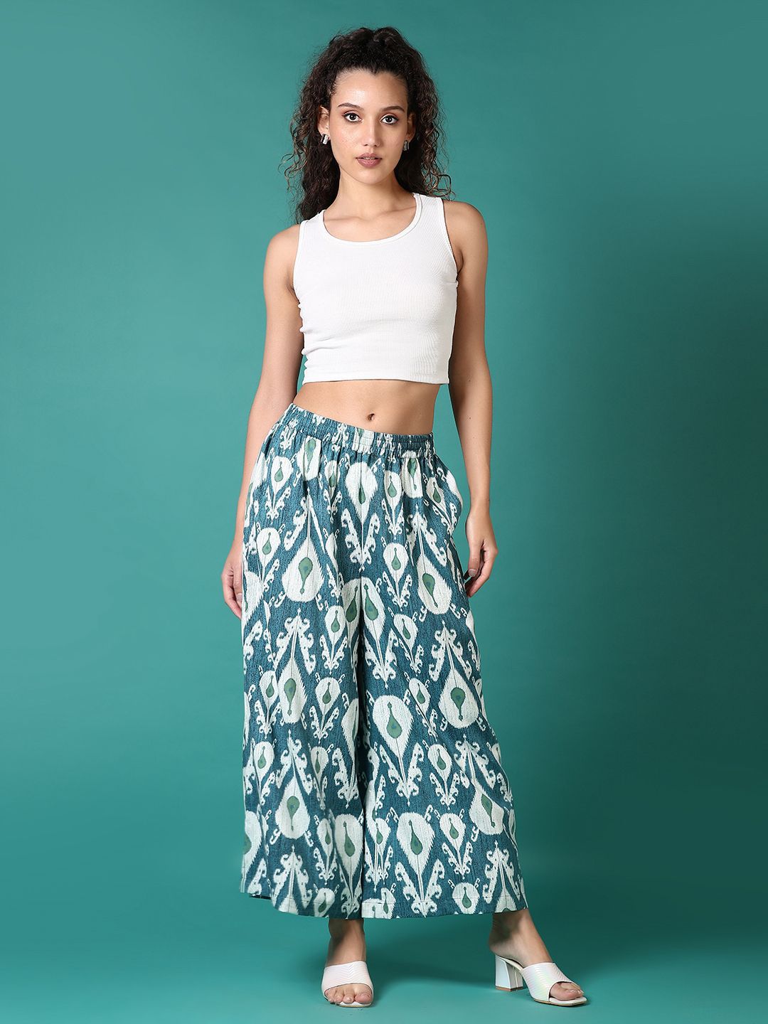 Green Printed Viscose Rayon Palazzo Pants – Mid-Rise – Elasticated Waistband