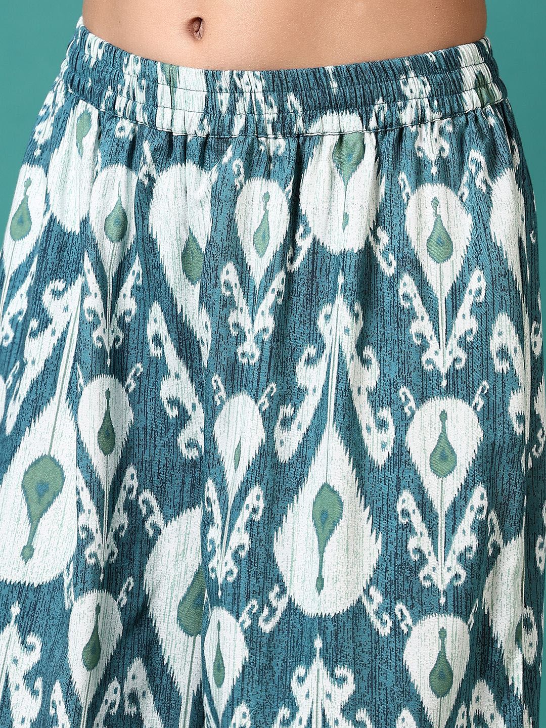 Green Printed Viscose Rayon Palazzo Pants – Mid-Rise – Elasticated Waistband