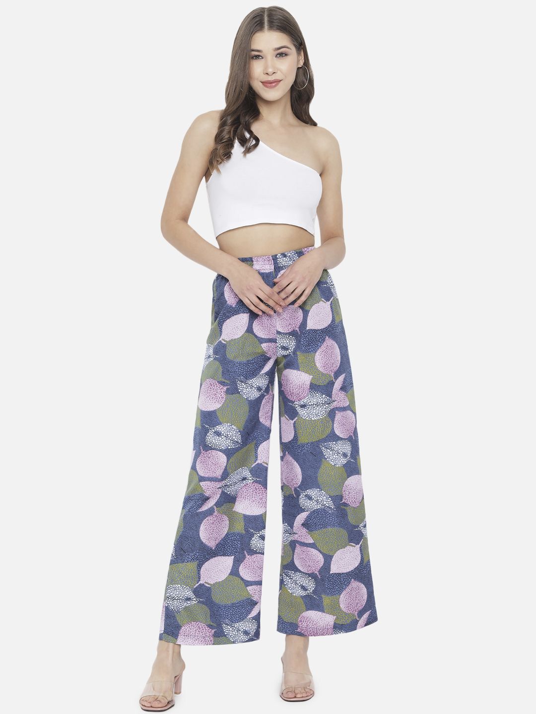 Blue & Pink Floral Printed Crepe Palazzos – Elastic Waist – Woven