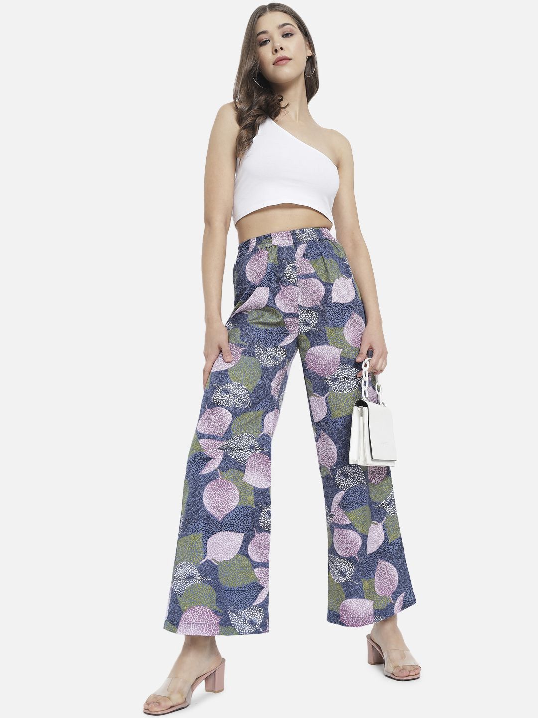 Blue & Pink Floral Printed Crepe Palazzos – Elastic Waist – Woven