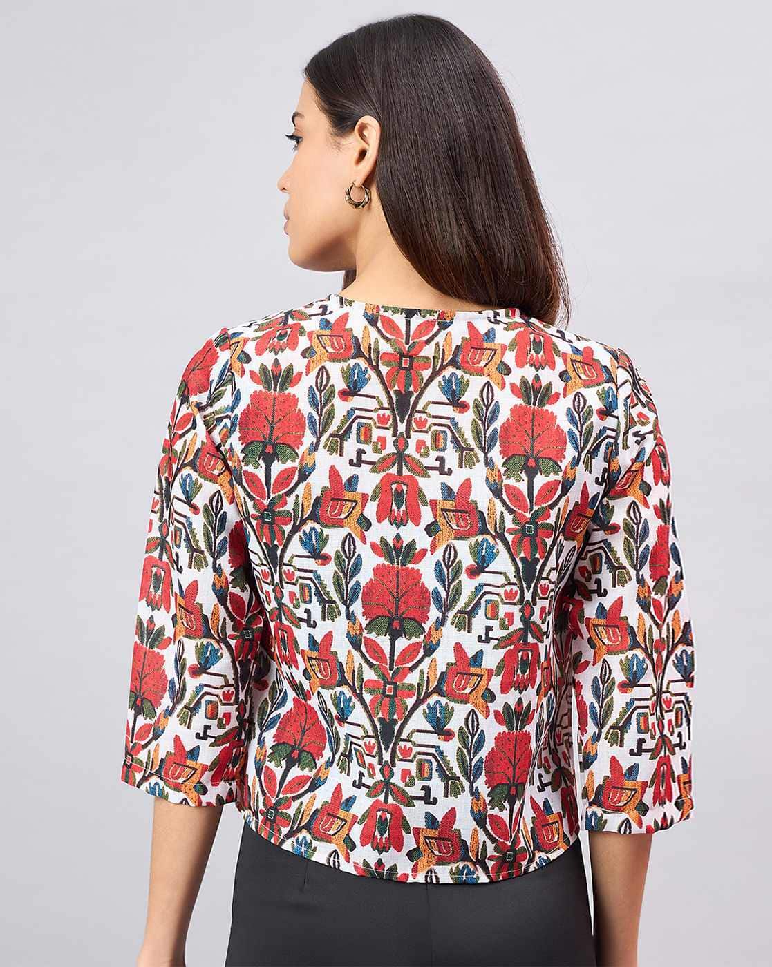 Floral Print Polyester Shrug – Open Front