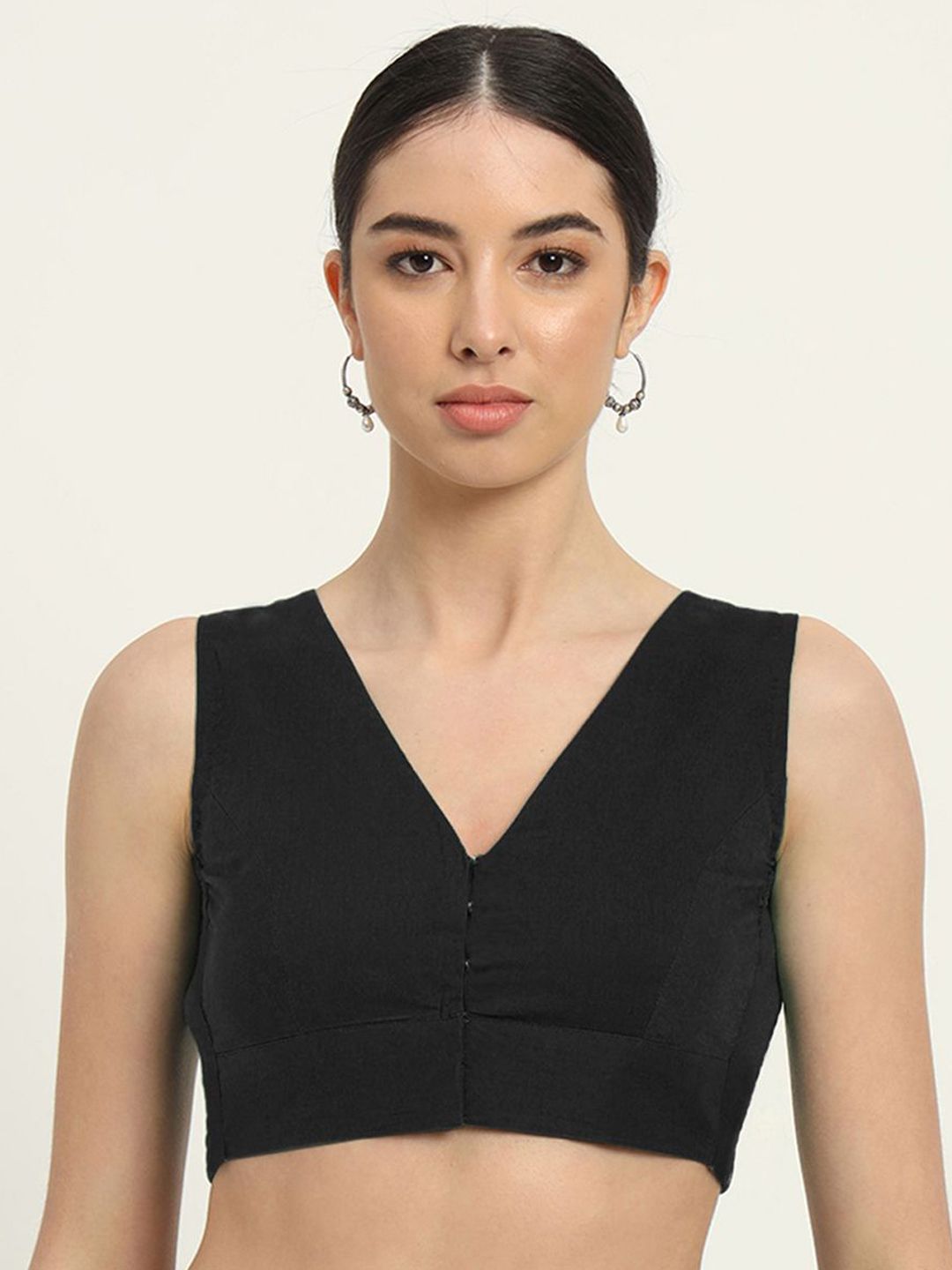 Black Crop Viscose Rayon Saree Blouse – V-Neck – Hook Closure