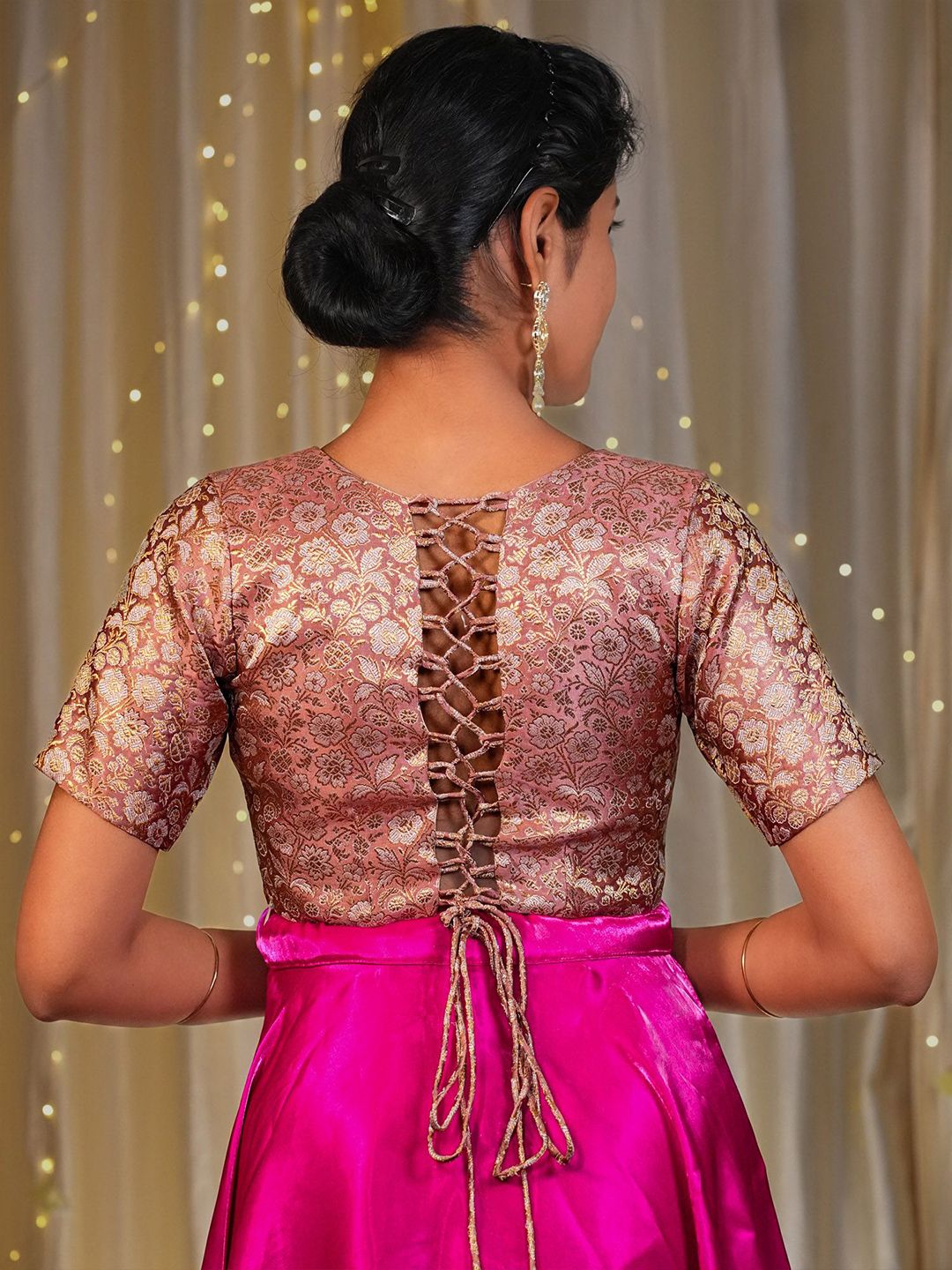 Pink Woven Brocade Blouse – V-Neck – Tie-Up Closure