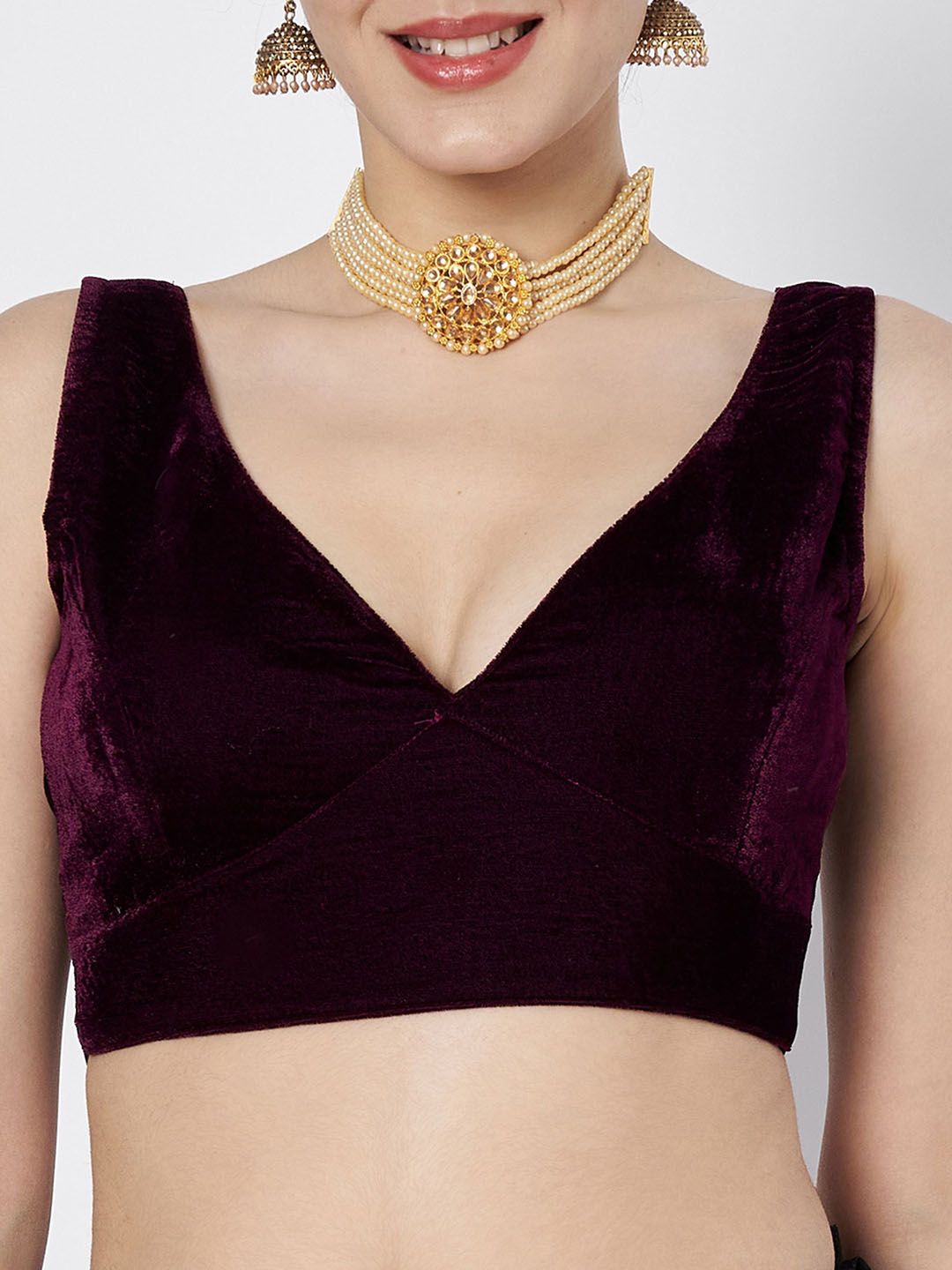 Burgundy Solid Velvet Saree Blouse – V-Neck – Sleeveless