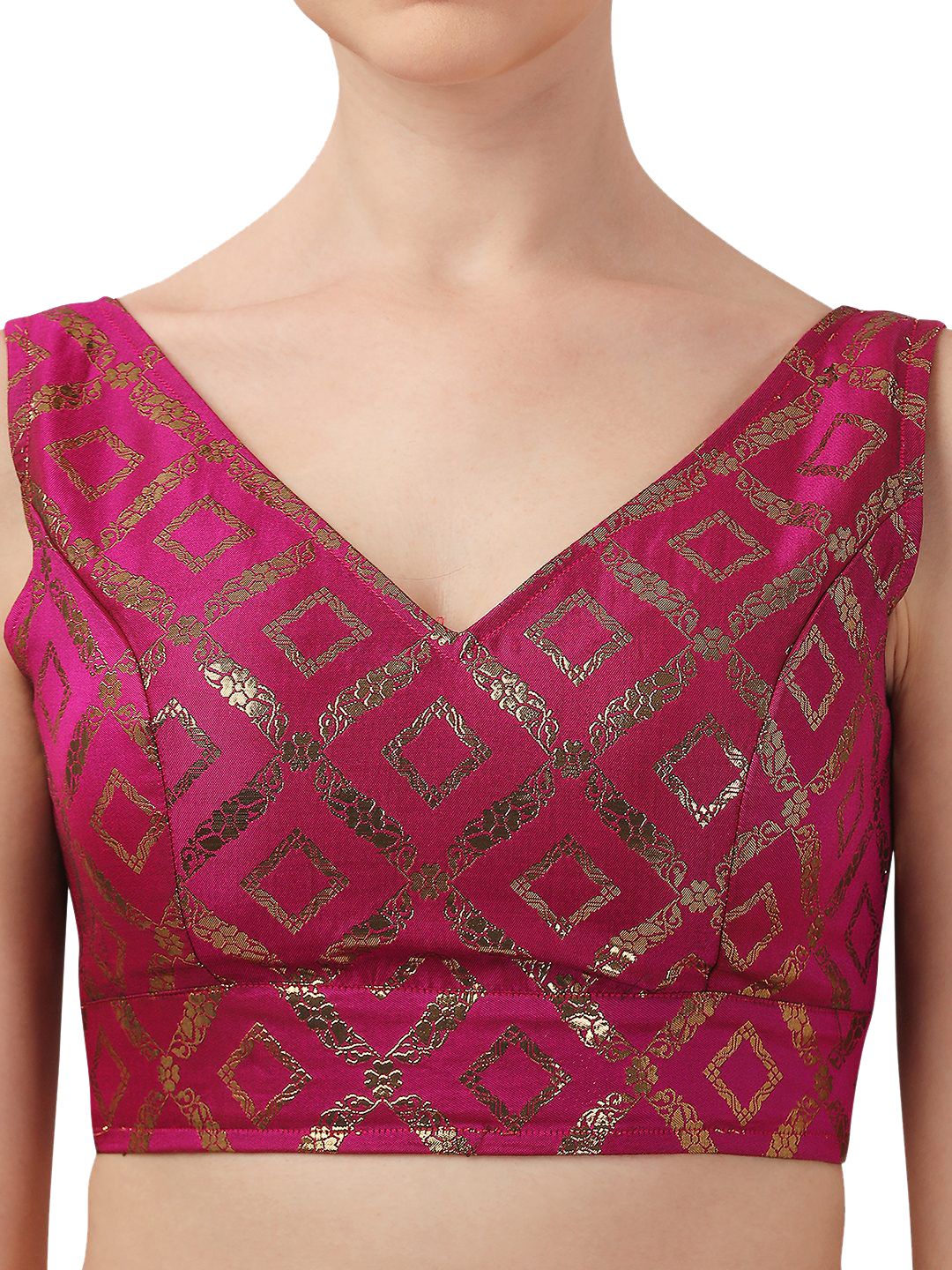 Pink & Gold Geometric Printed Art Silk Saree Blouse – V-Neck – Stylized Back
