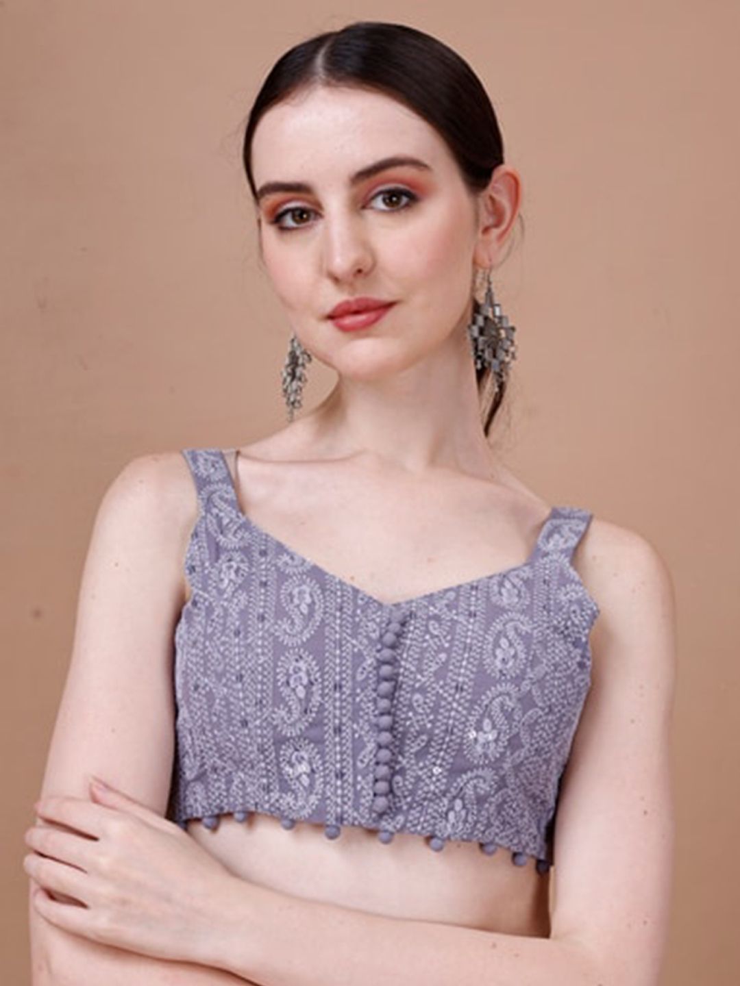 Grey Embroidered Georgette Blouse – V-Neck – Thread Embroidery