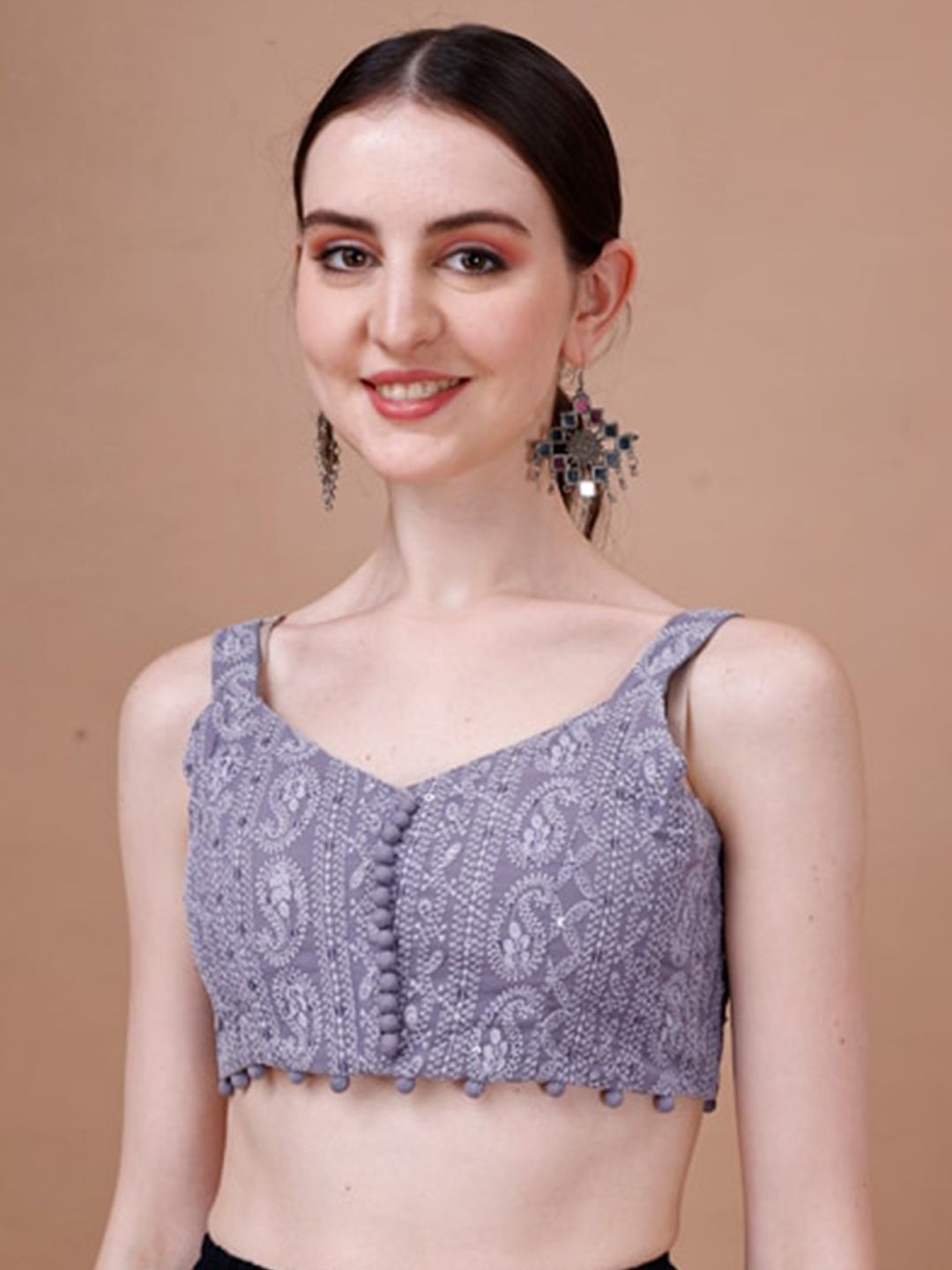 Grey Embroidered Georgette Blouse – V-Neck – Thread Embroidery