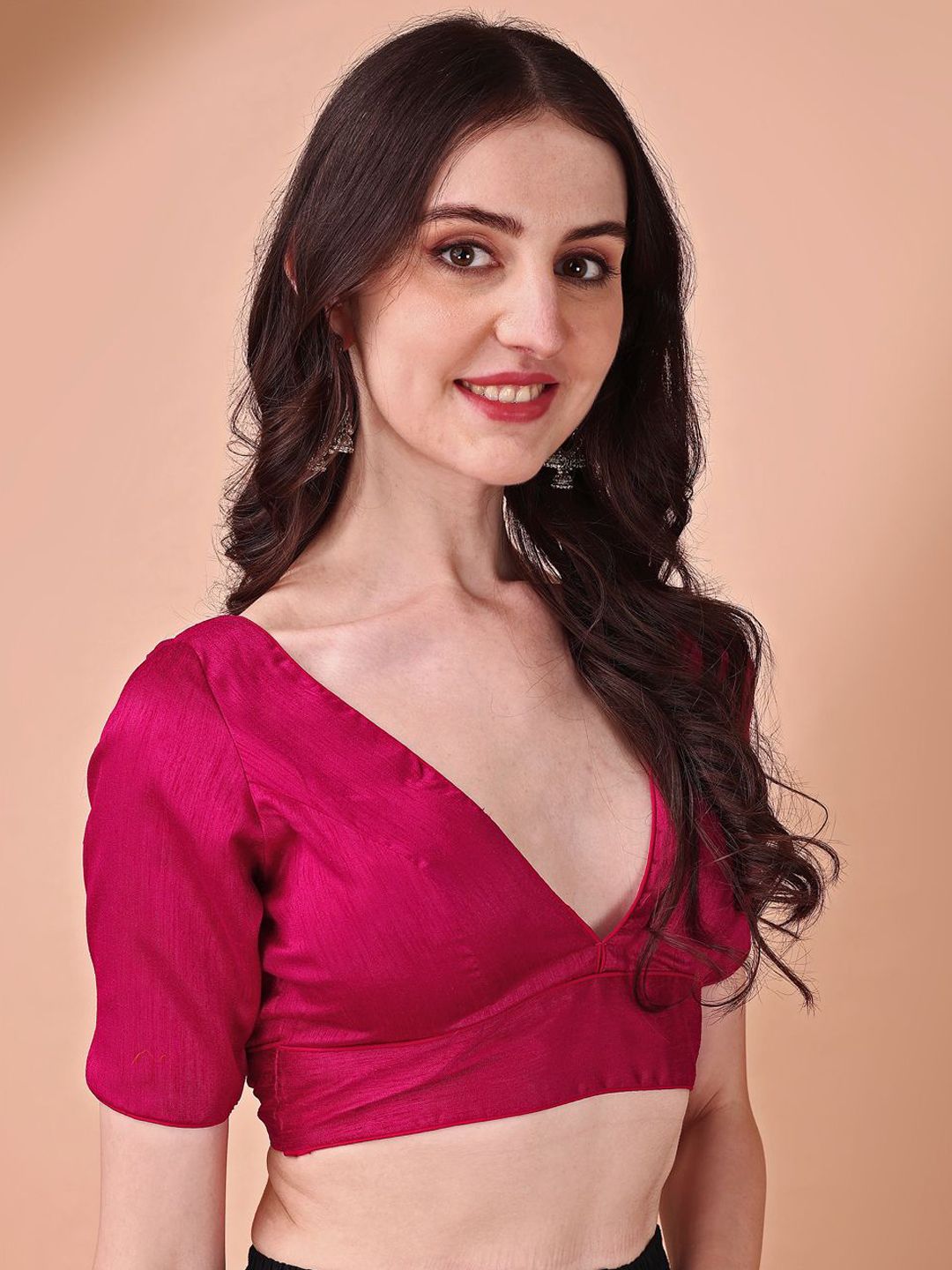 Pink Dupion Saree Blouse – V-Neck – Hook and Eye Closure