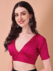 Pink Dupion Saree Blouse – V-Neck – Hook and Eye Closure