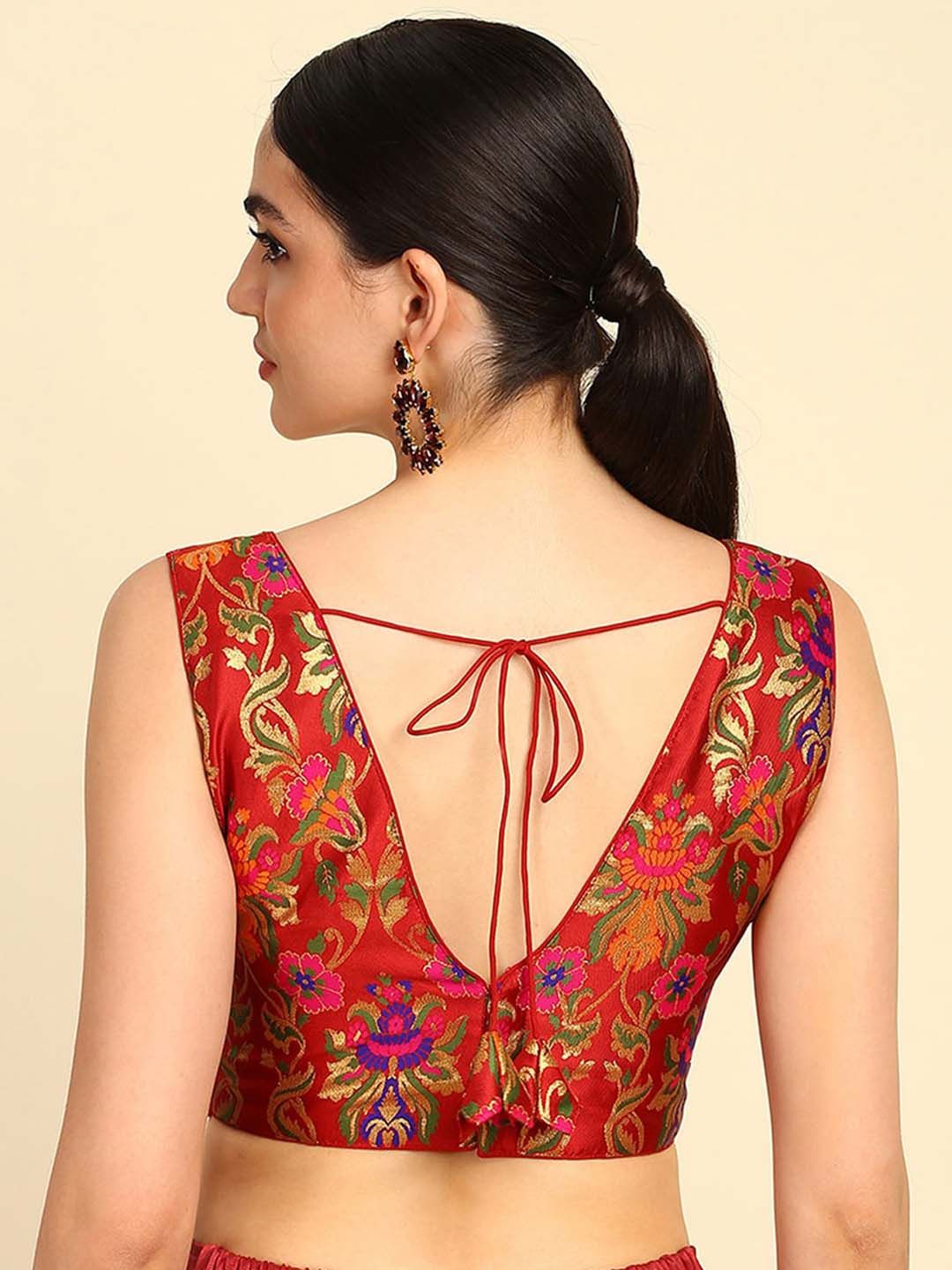 Maroon Woven Silk Blend Blouse – V-Neck – Tie-Up Detail