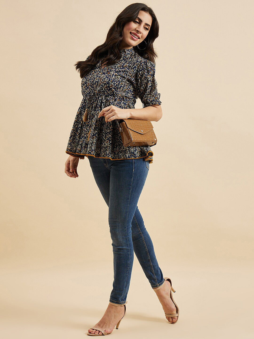 Blue Floral Printed Cotton Peplum Top – Mandarin Collar – Puff Sleeves