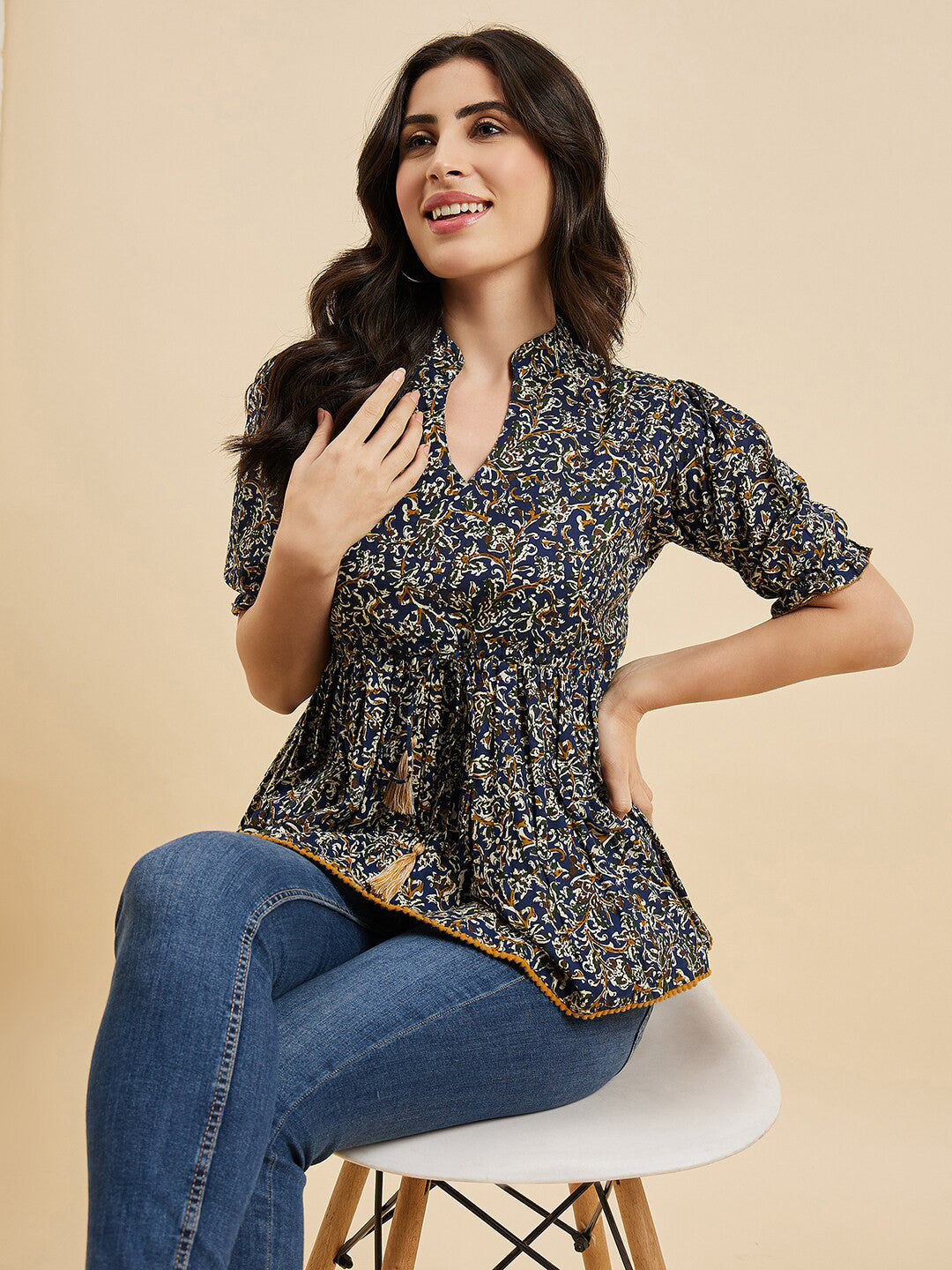 Blue Floral Printed Cotton Peplum Top – Mandarin Collar – Puff Sleeves