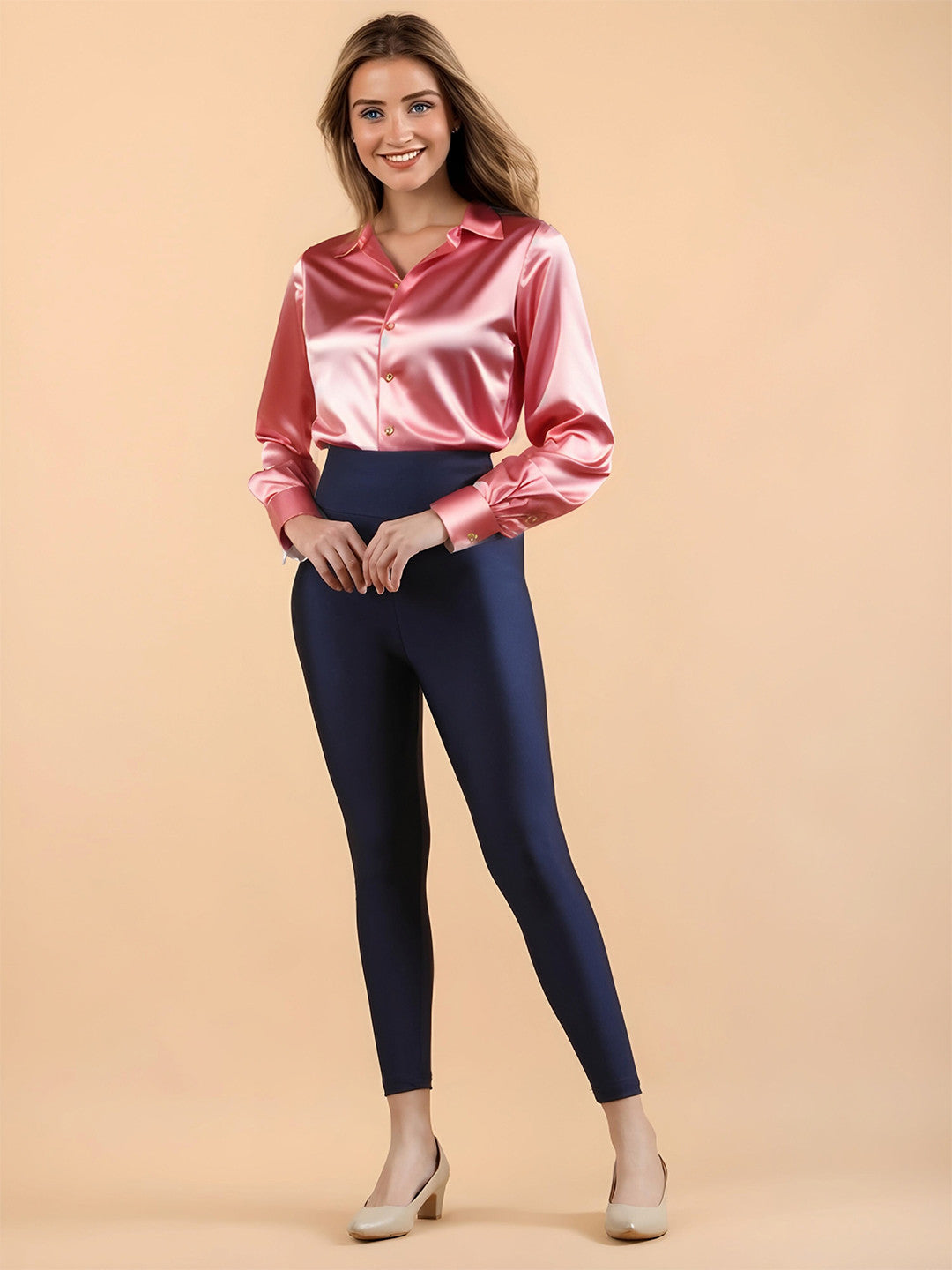 Navy Blue Shimmer Nylon Jeggings – High Waist – Solid