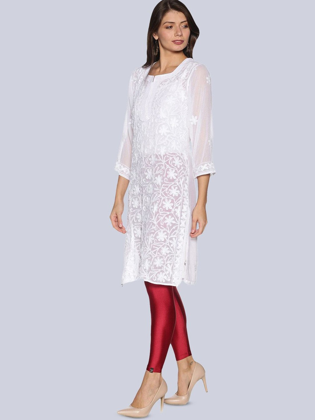Red Solid Nylon Blend Leggings – Ankle Length – Shimmer Finish