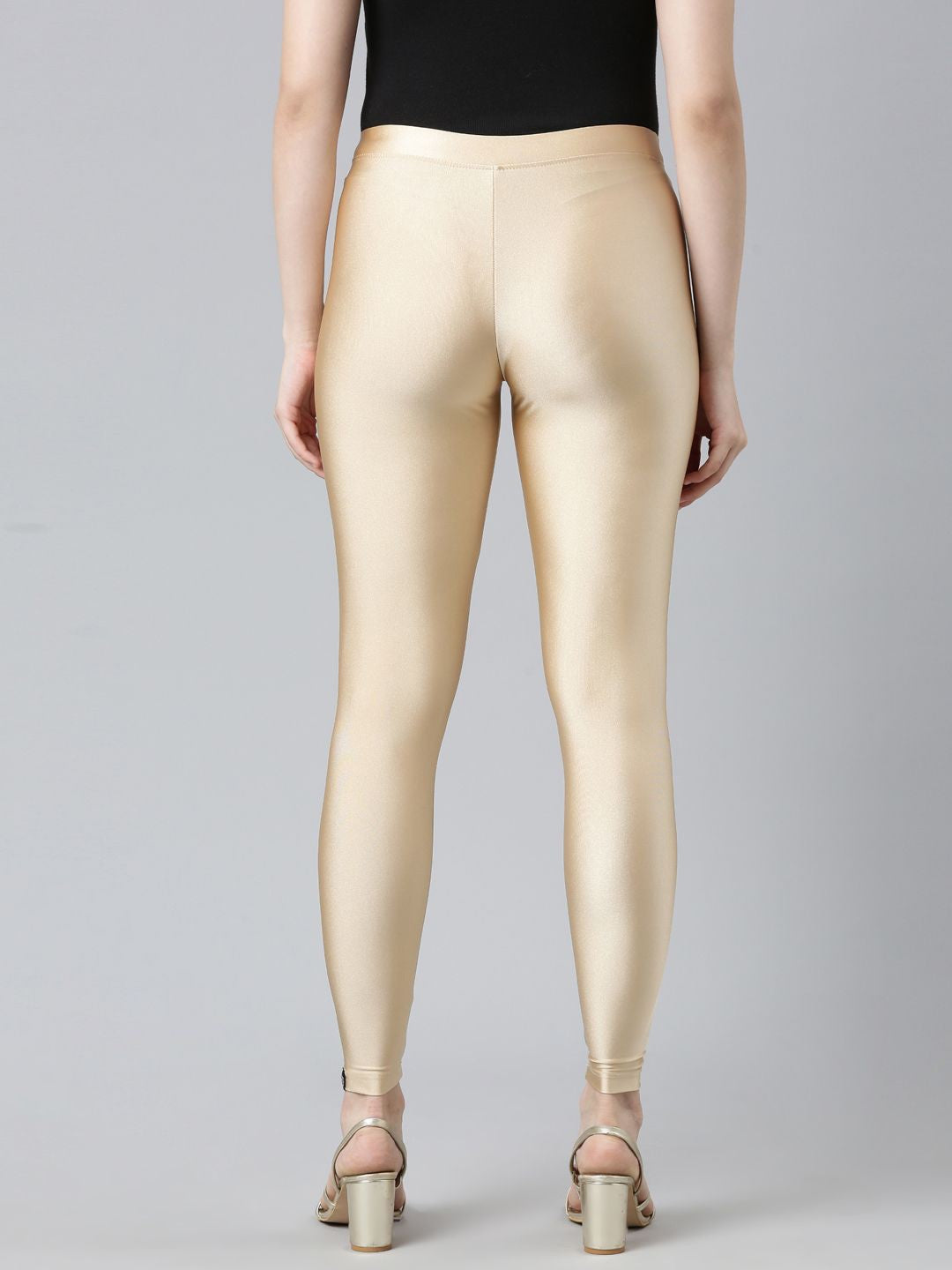 Beige Solid Shimmer Nylon Elastane Leggings – Ankle Length – Slip-On