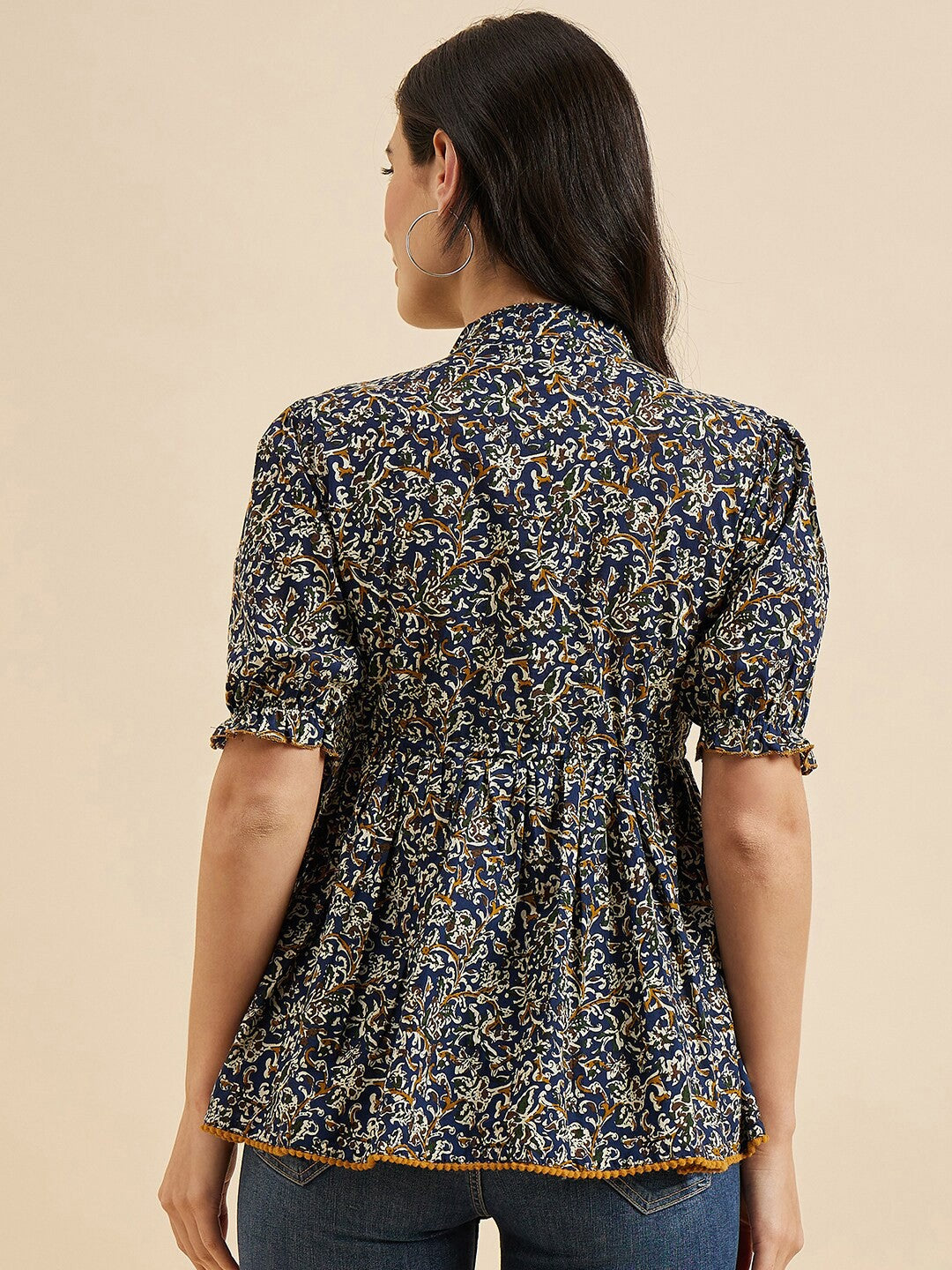Blue Floral Printed Cotton Peplum Top – Mandarin Collar – Puff Sleeves