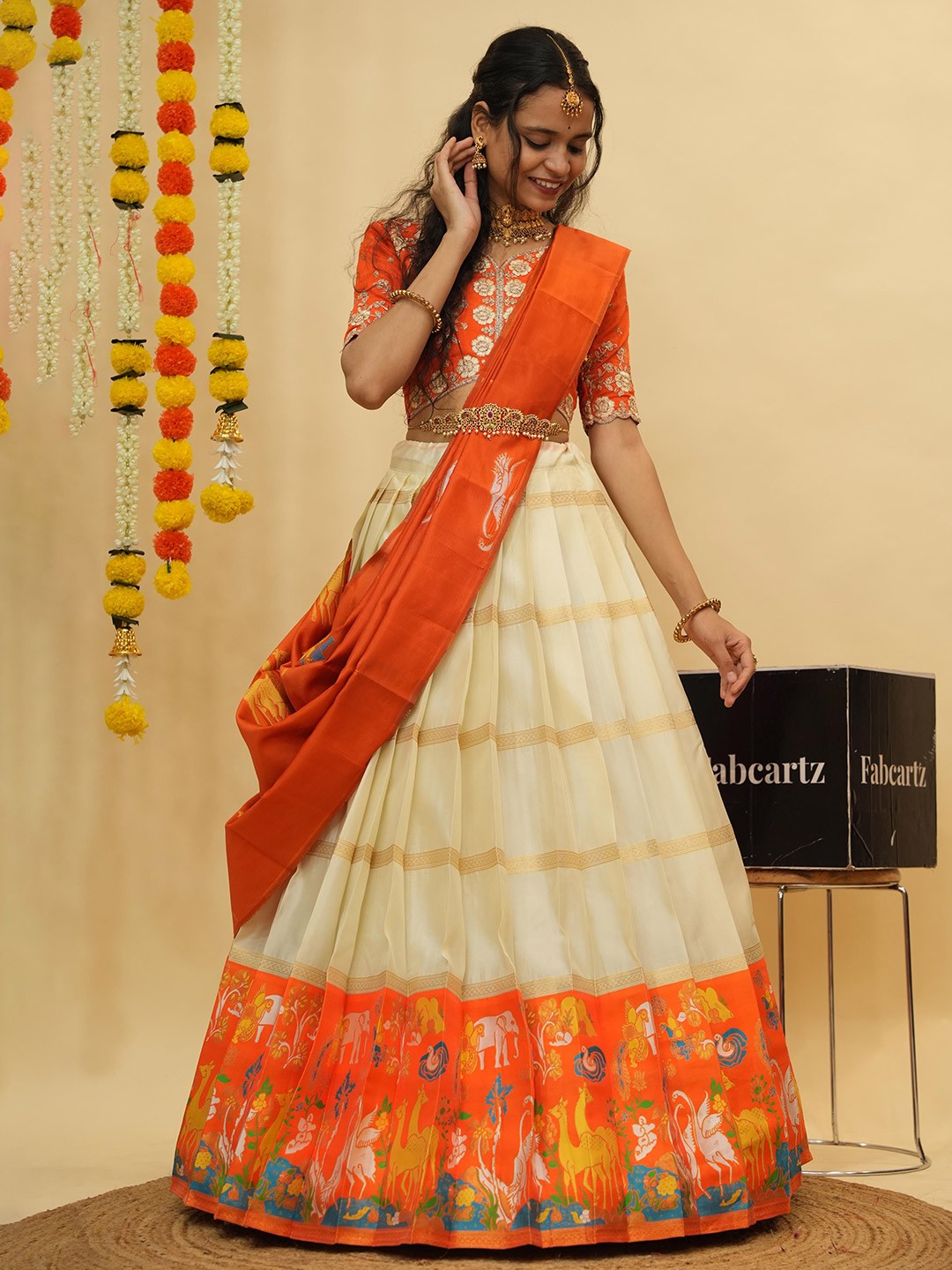 Orange & Gold Zari Lehenga – Semi-Stitched – With Dupatta & Unstitched Blouse