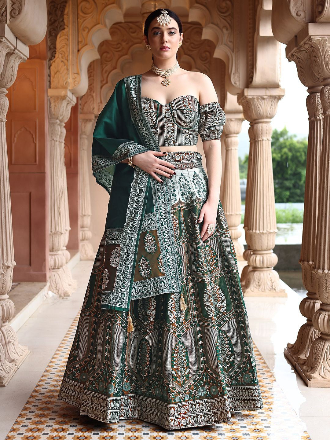 Green & Sea Green Art Silk Lehenga – Off-Shoulder – With Dupatta