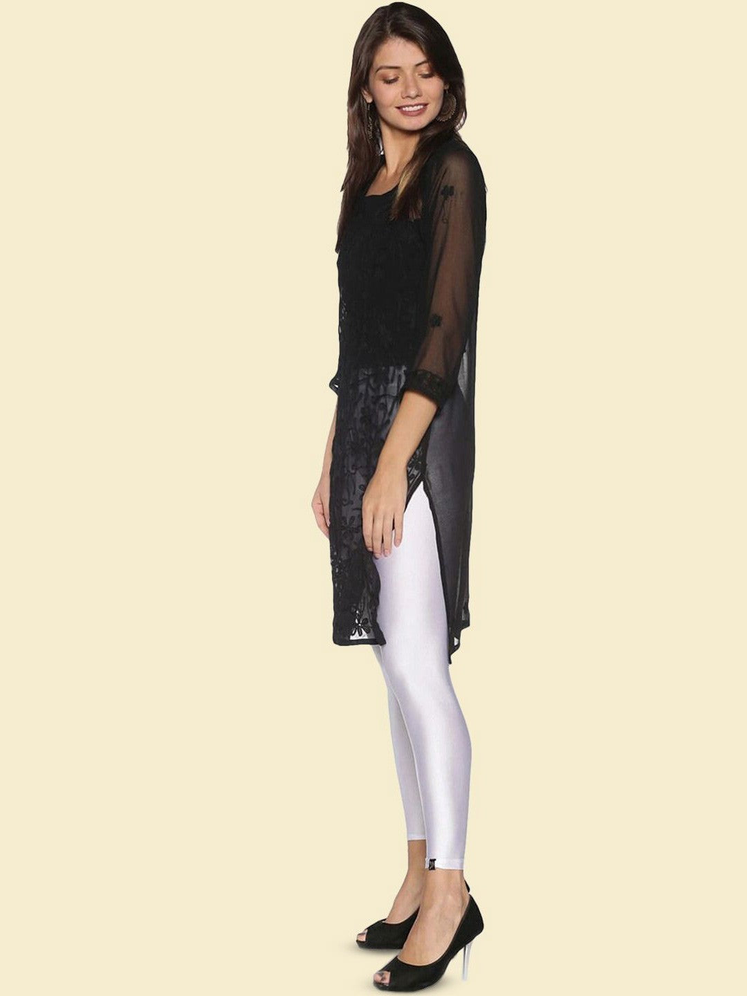 White Solid Shimmer Nylon Elastane Leggings – Ankle Length – Slip-On