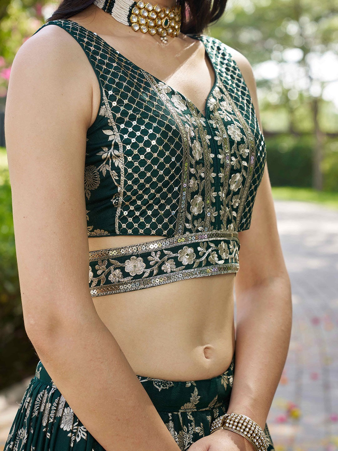 Green Silk Jacquard Lehenga – Sequins & Zari Embroidery – Semi-Stitched with Dupatta