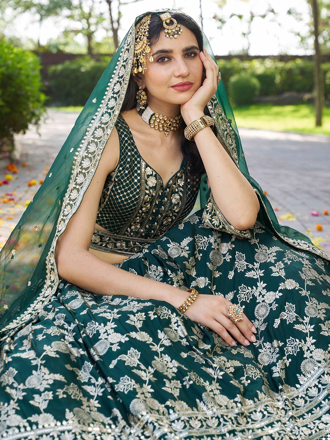 Green Silk Jacquard Lehenga – Sequins & Zari Embroidery – Semi-Stitched with Dupatta