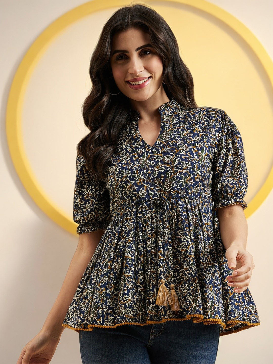 Blue Floral Printed Cotton Peplum Top – Mandarin Collar – Puff Sleeves