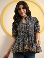 Blue Floral Printed Cotton Peplum Top – Mandarin Collar – Puff Sleeves