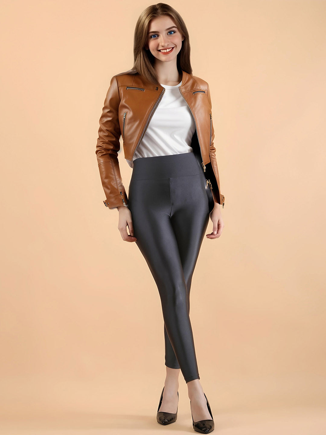 Black Shimmer Nylon Ankle-Length Leggings – Slip-On – Solid