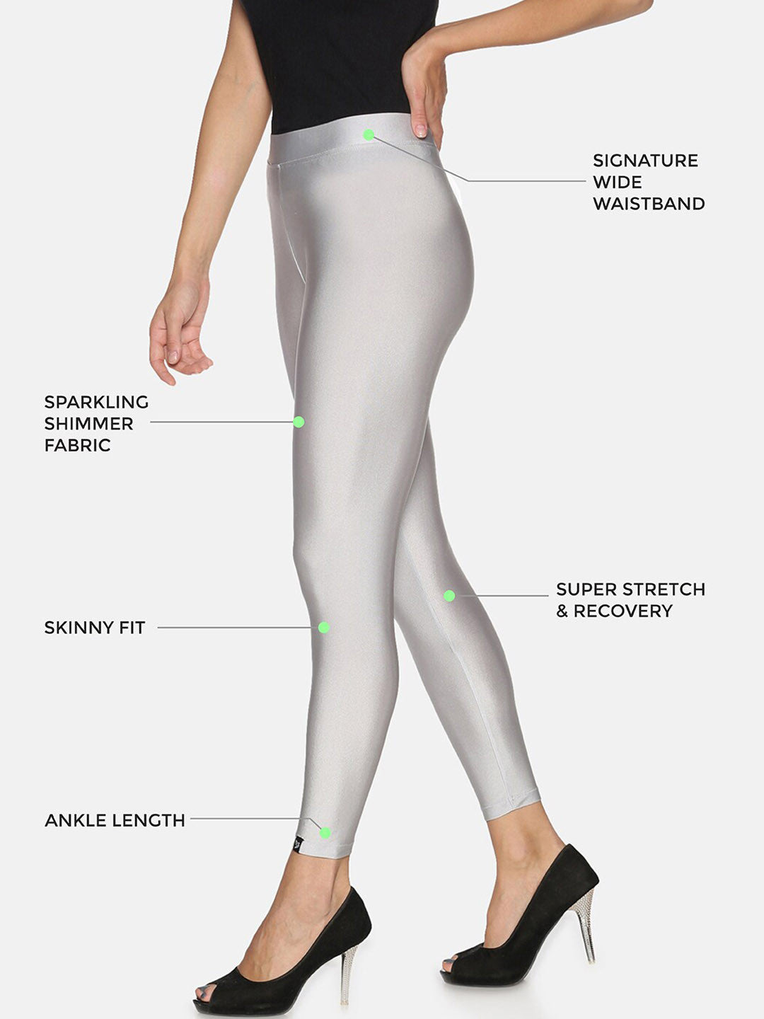 Silver Skinny Fit Nylon Elastane Leggings – Ankle Length – Shimmer Fabric