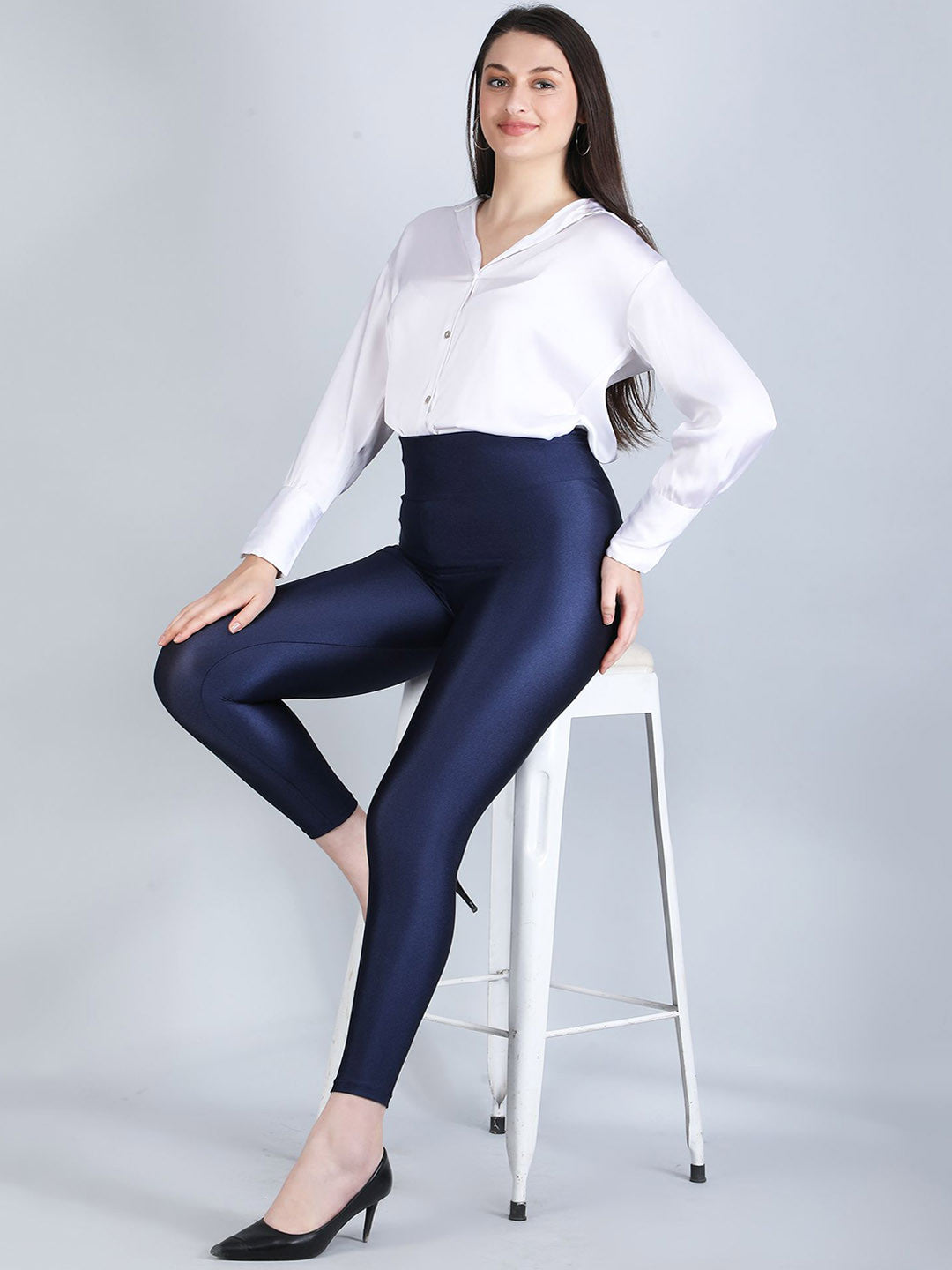 Navy Blue Slim-Fit Shimmer Nylon Leggings – High Waist – Solid