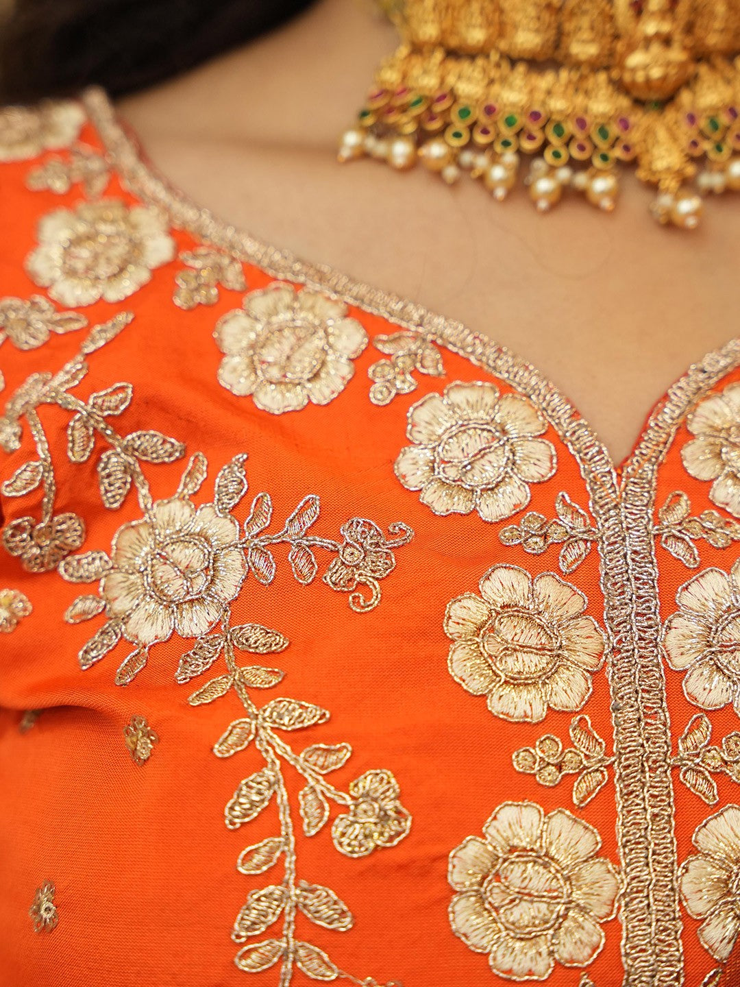 Orange & Gold Zari Lehenga – Semi-Stitched – With Dupatta & Unstitched Blouse