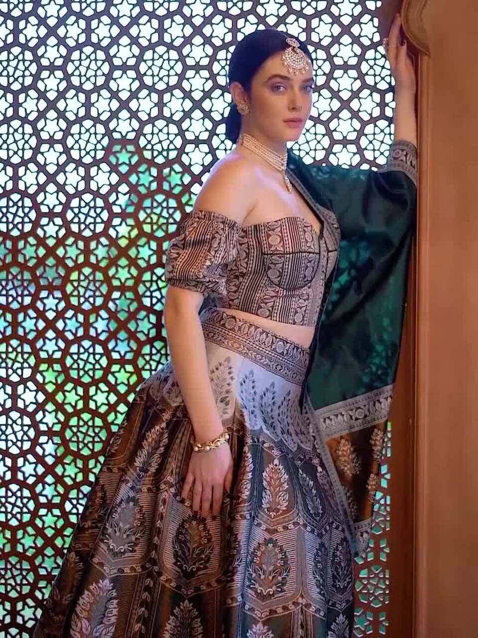 Green & Sea Green Art Silk Lehenga – Off-Shoulder – With Dupatta