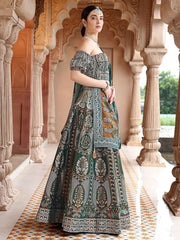 Green & Sea Green Art Silk Lehenga – Off-Shoulder – With Dupatta