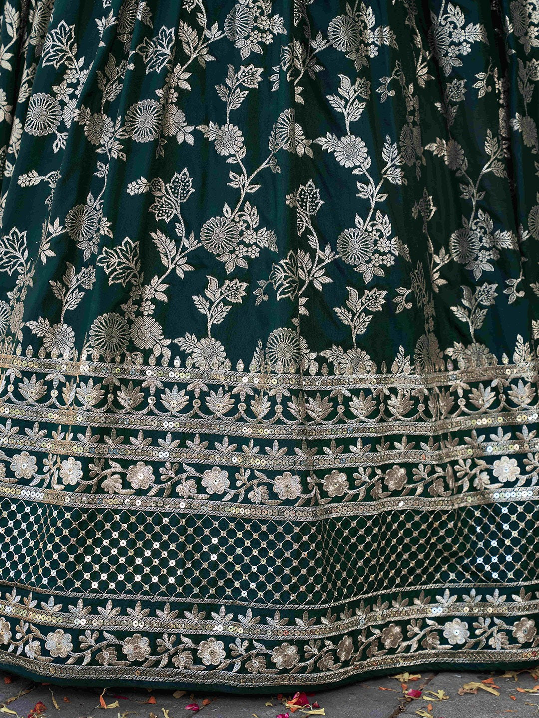Green Silk Jacquard Lehenga – Sequins & Zari Embroidery – Semi-Stitched with Dupatta