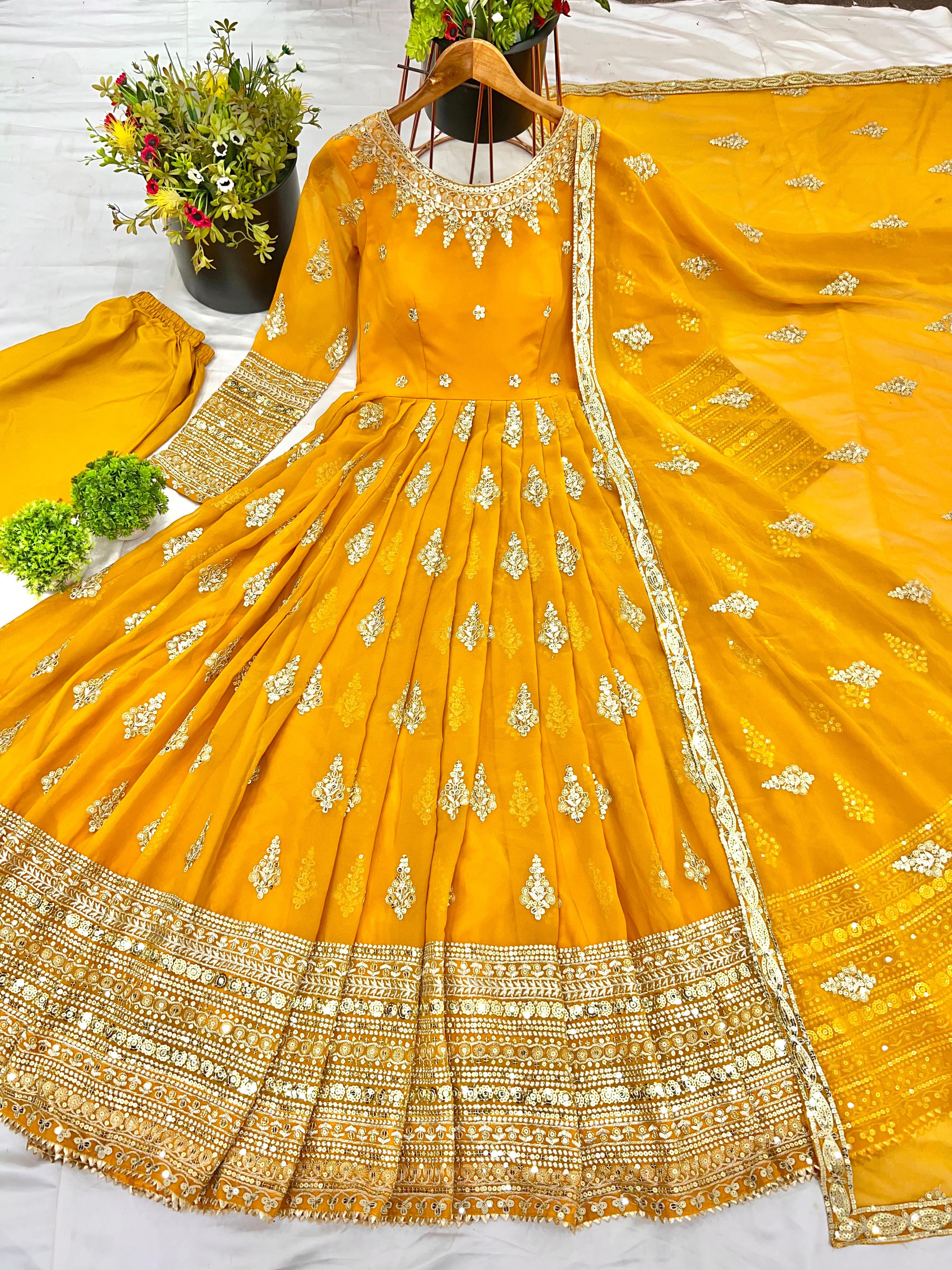 Yellow Flared Faux Georgette Gown – Round Neck – Heavy Sequin Embroidery