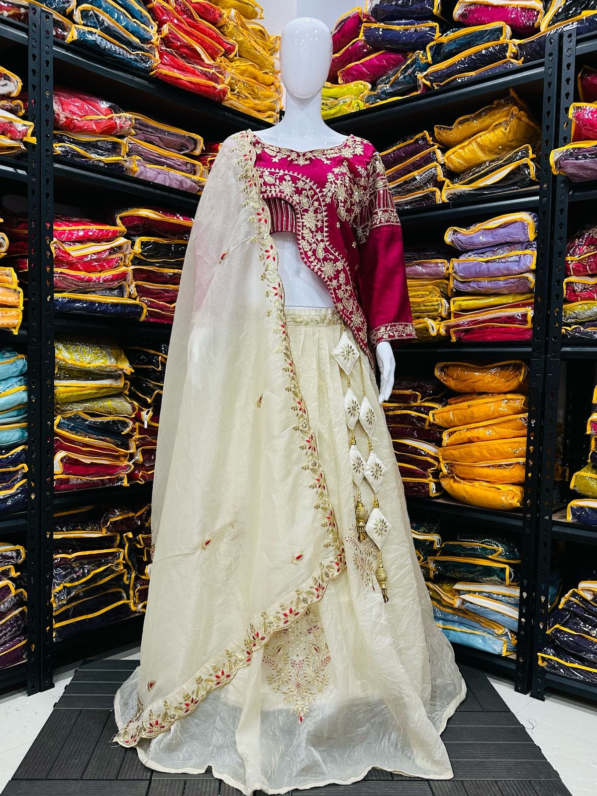 Embroidered Gold Crush Crop Top Lehenga Set – Sequence Work