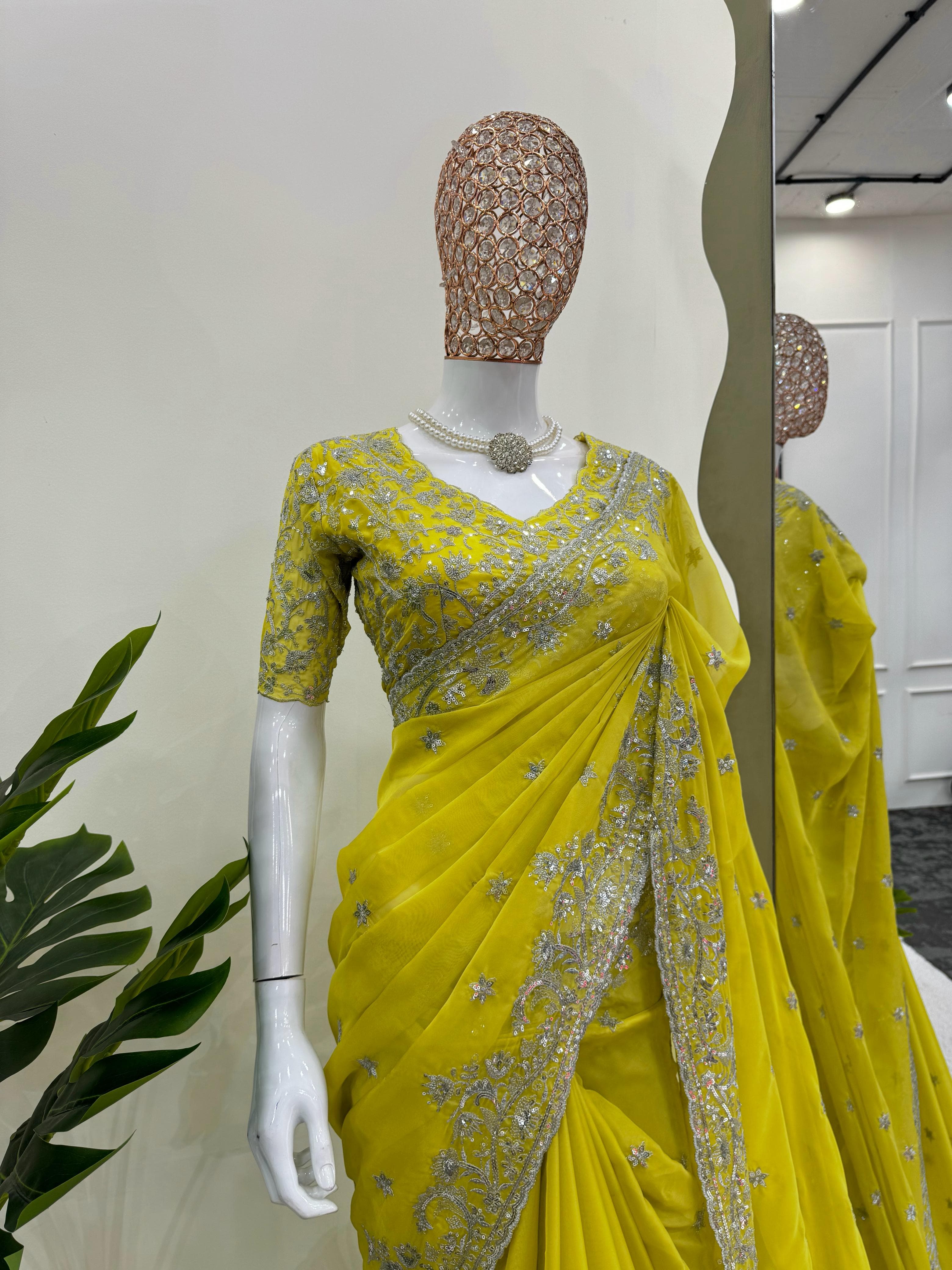 Designer Tibby Silk Saree – Thread & Sequin Embroidery