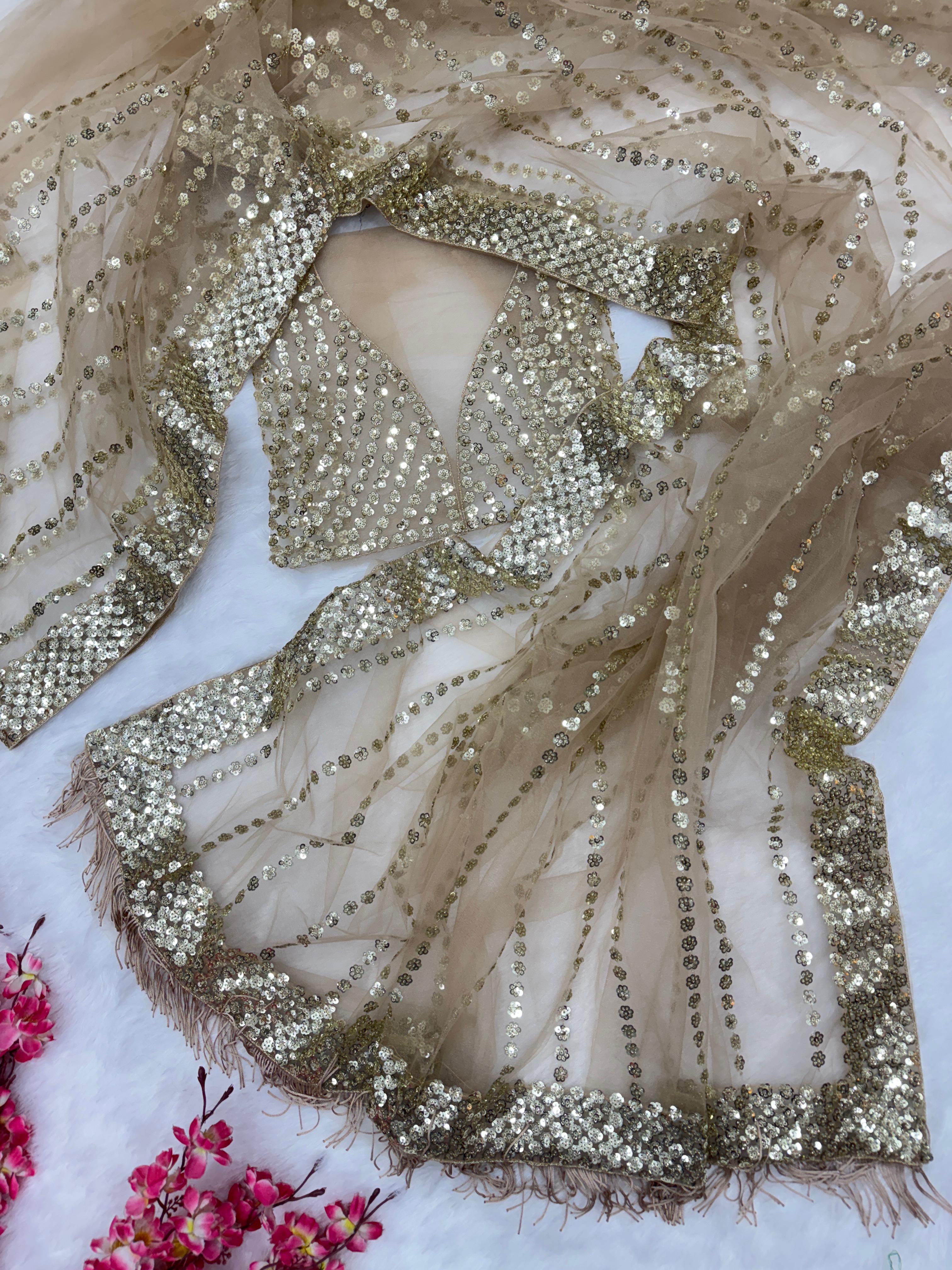 Gold Heavy Net Saree – Fancy Sequins Embroidery