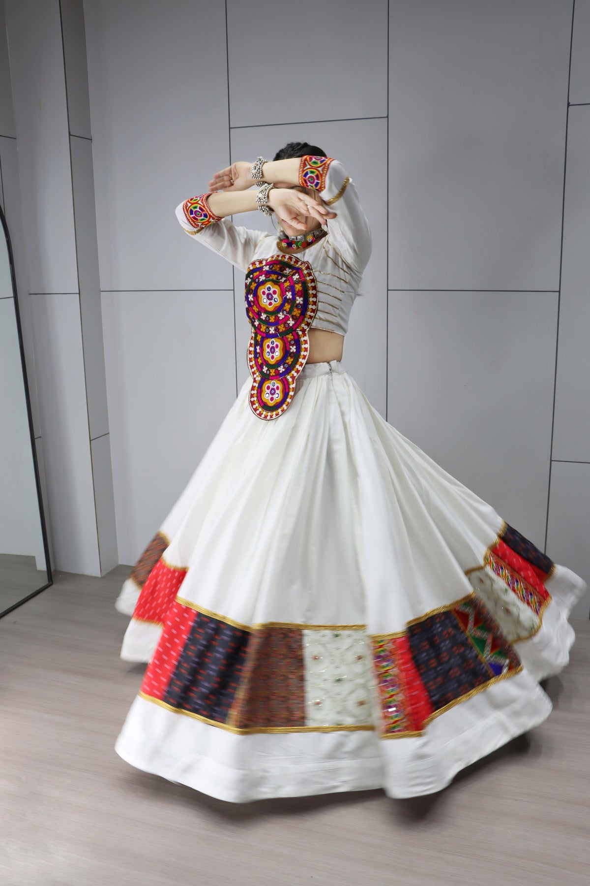Multicolor Flared Rayon Cotton Lehenga Set – Round Neck – Kutchi Work & Real Mirrors