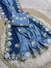 Soft Peding Chinon Saree – Cutwork Border – Chainstitch Multi Work & Butta