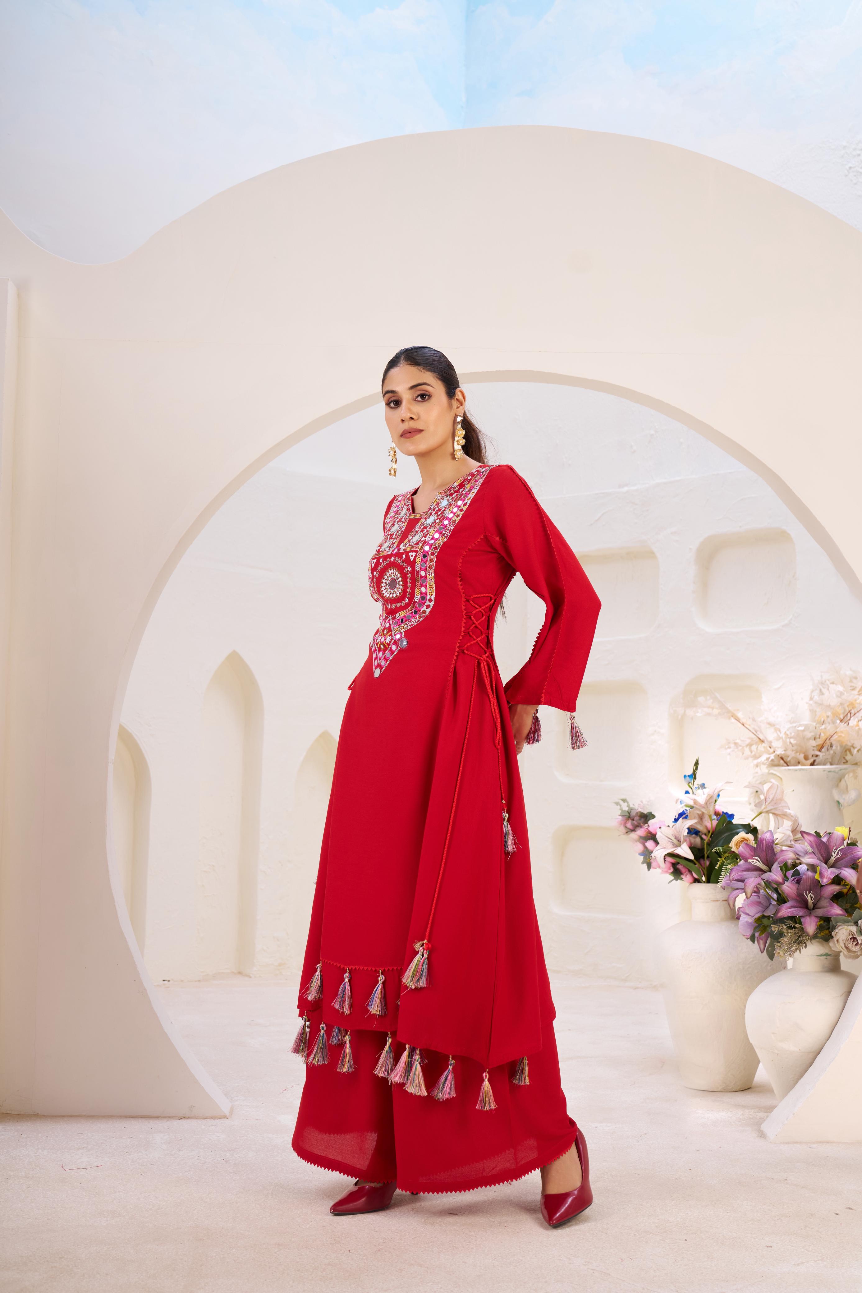 Red Cord-Set Rayon Co-Ord Set – Side Dori Tassels – Thread and Mirror Work